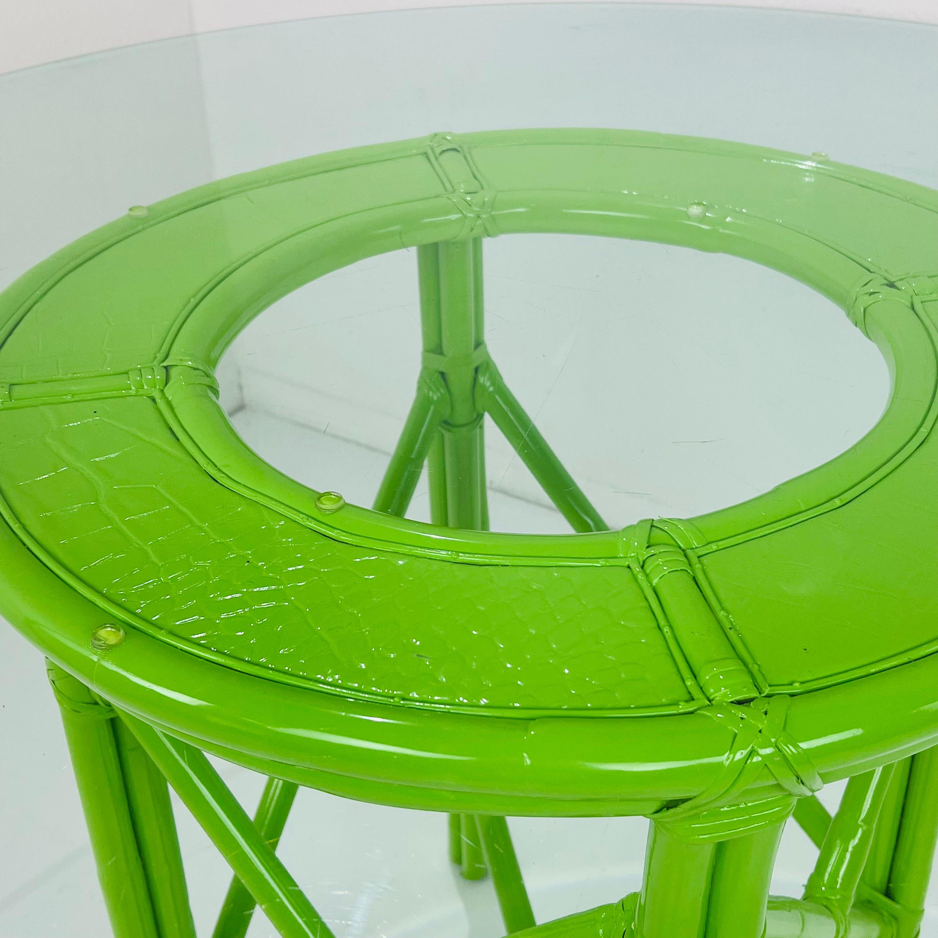Garten-Set aus 4 chinesischen Chippendale-Stühlen und Glasplatte in Limonengrün im Angebot 6