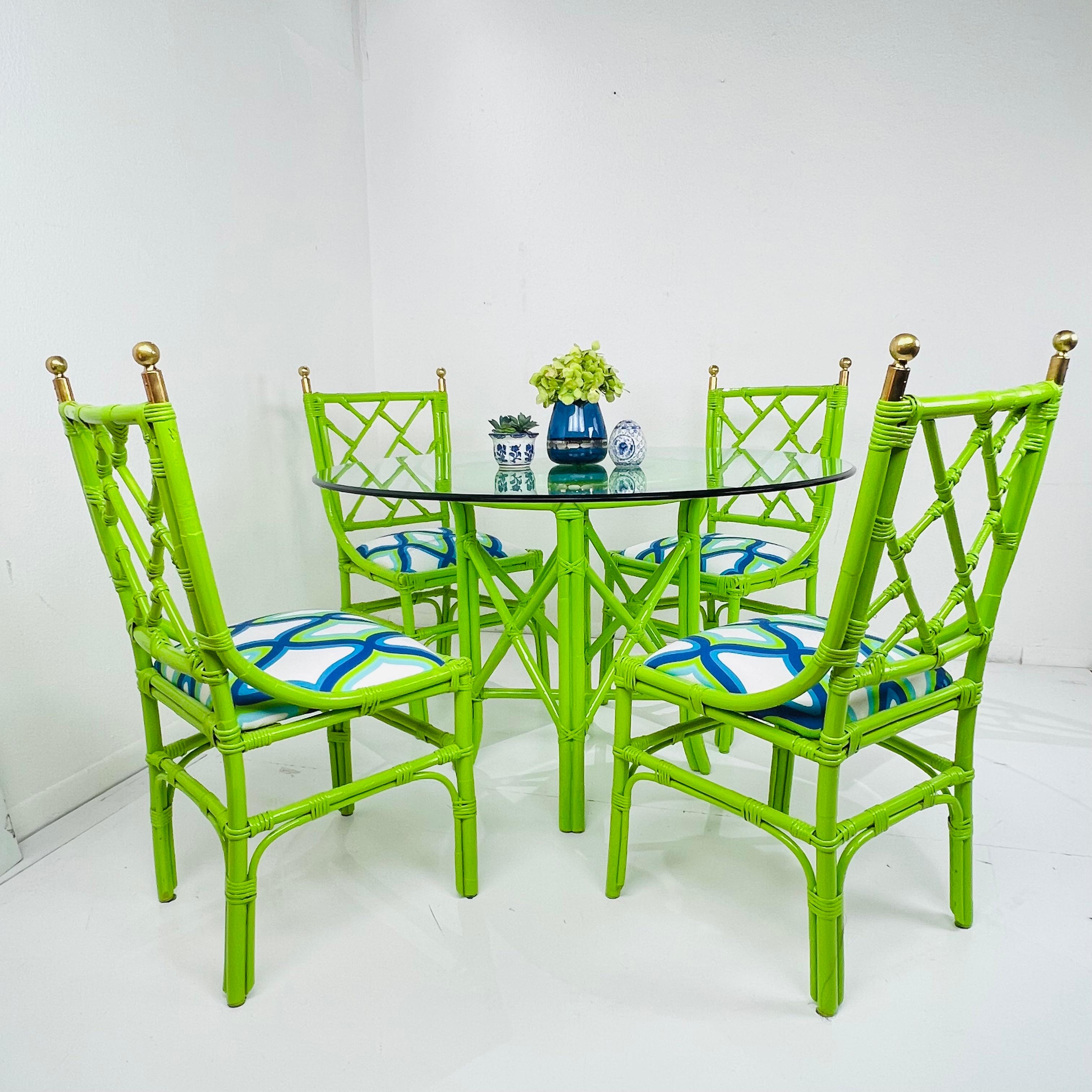 Lime Green Patio Set with 4 Chinese Chippendale Chairs and Glass Top Table For Sale 5
