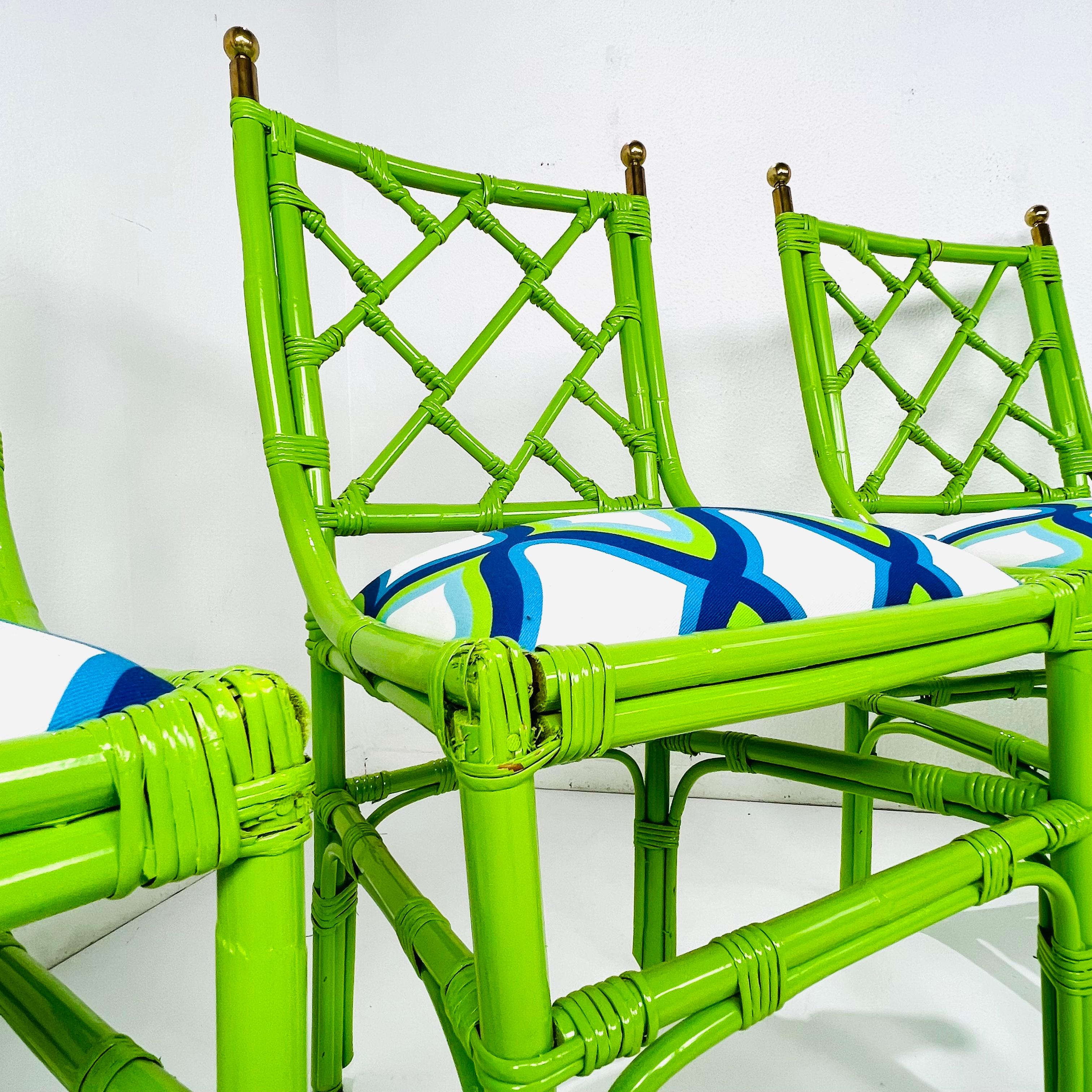 North American Lime Green Patio Set with 4 Chinese Chippendale Chairs and Glass Top Table For Sale