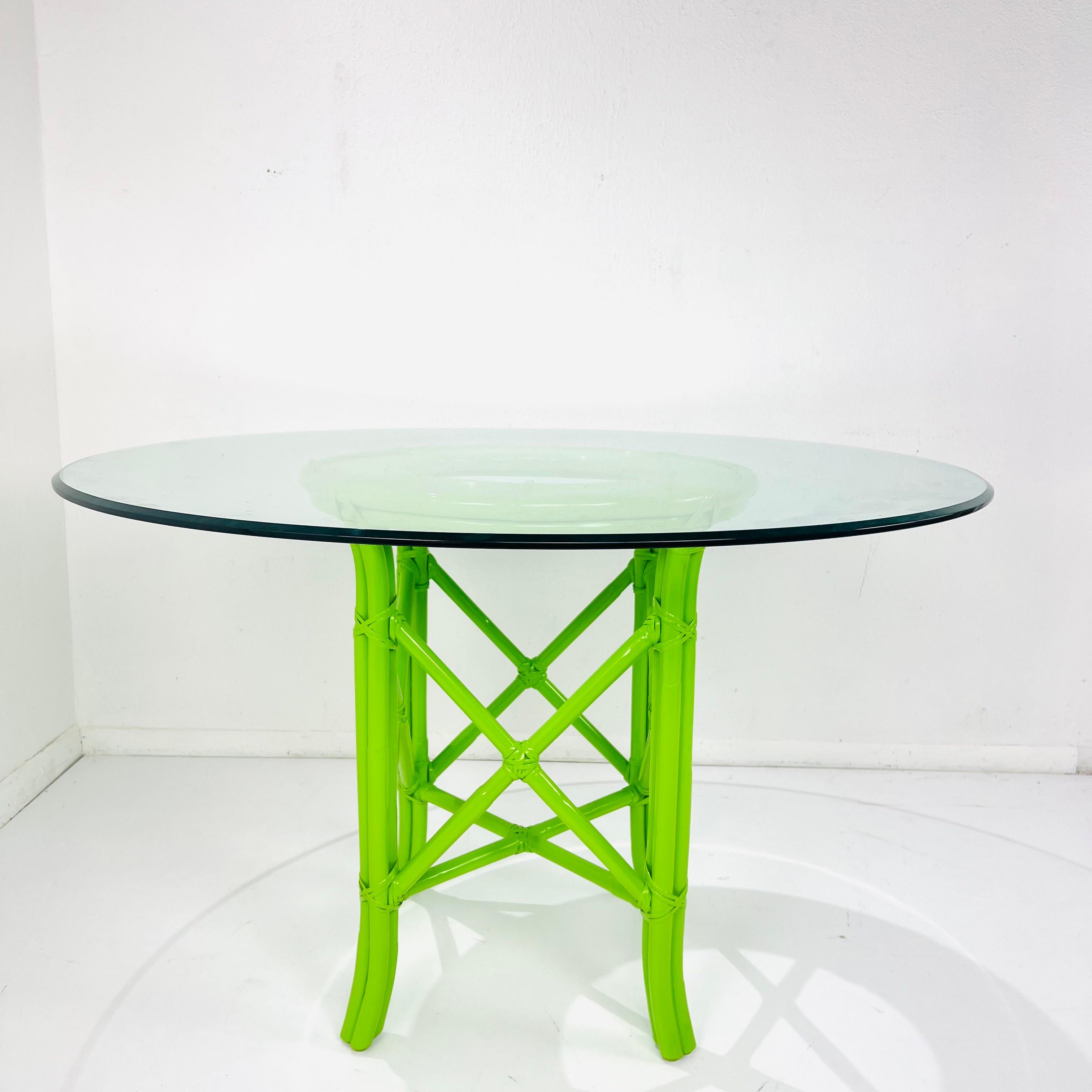 Lacquered Lime Green Patio Set with 4 Chinese Chippendale Chairs and Glass Top Table For Sale