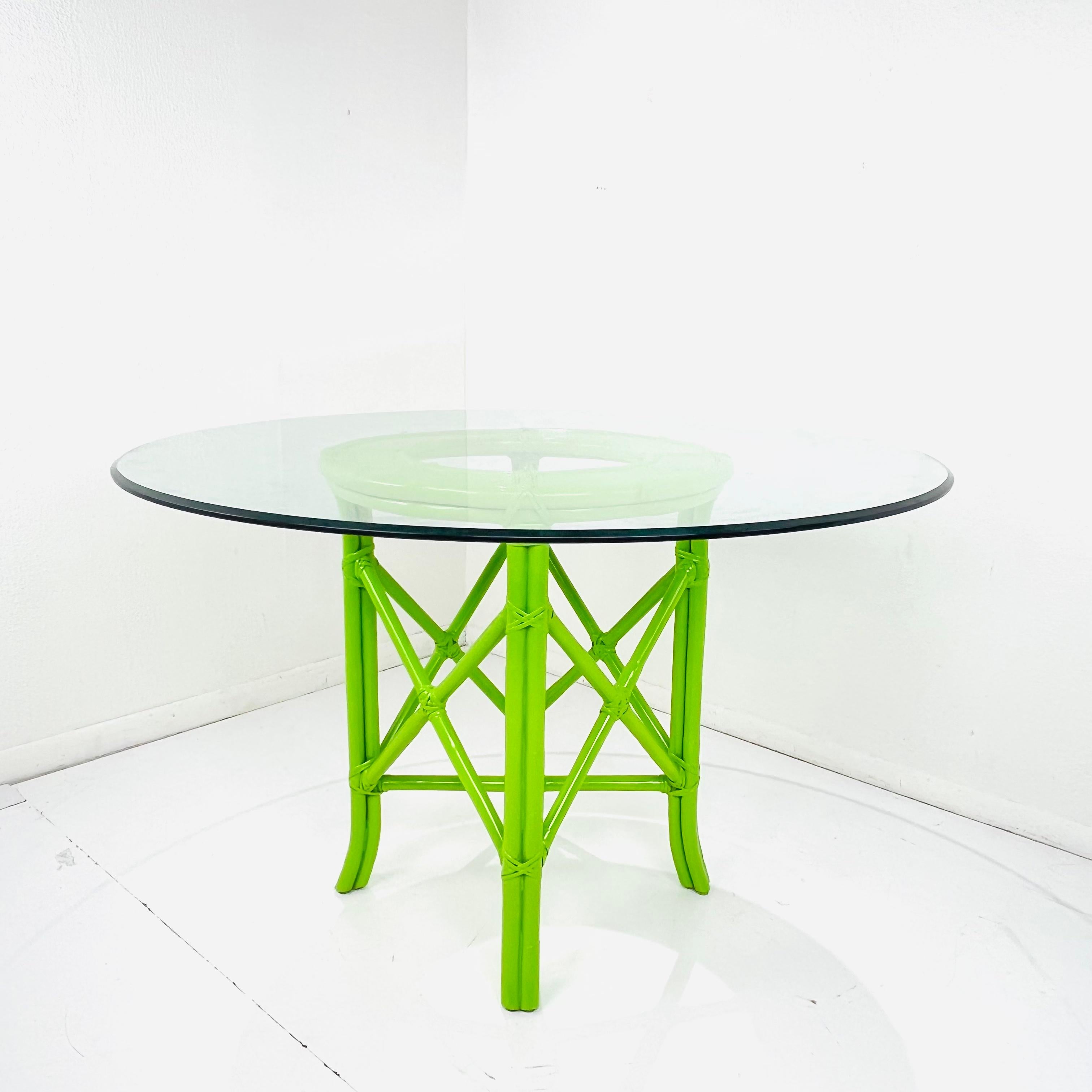 Late 20th Century Lime Green Patio Set with 4 Chinese Chippendale Chairs and Glass Top Table For Sale