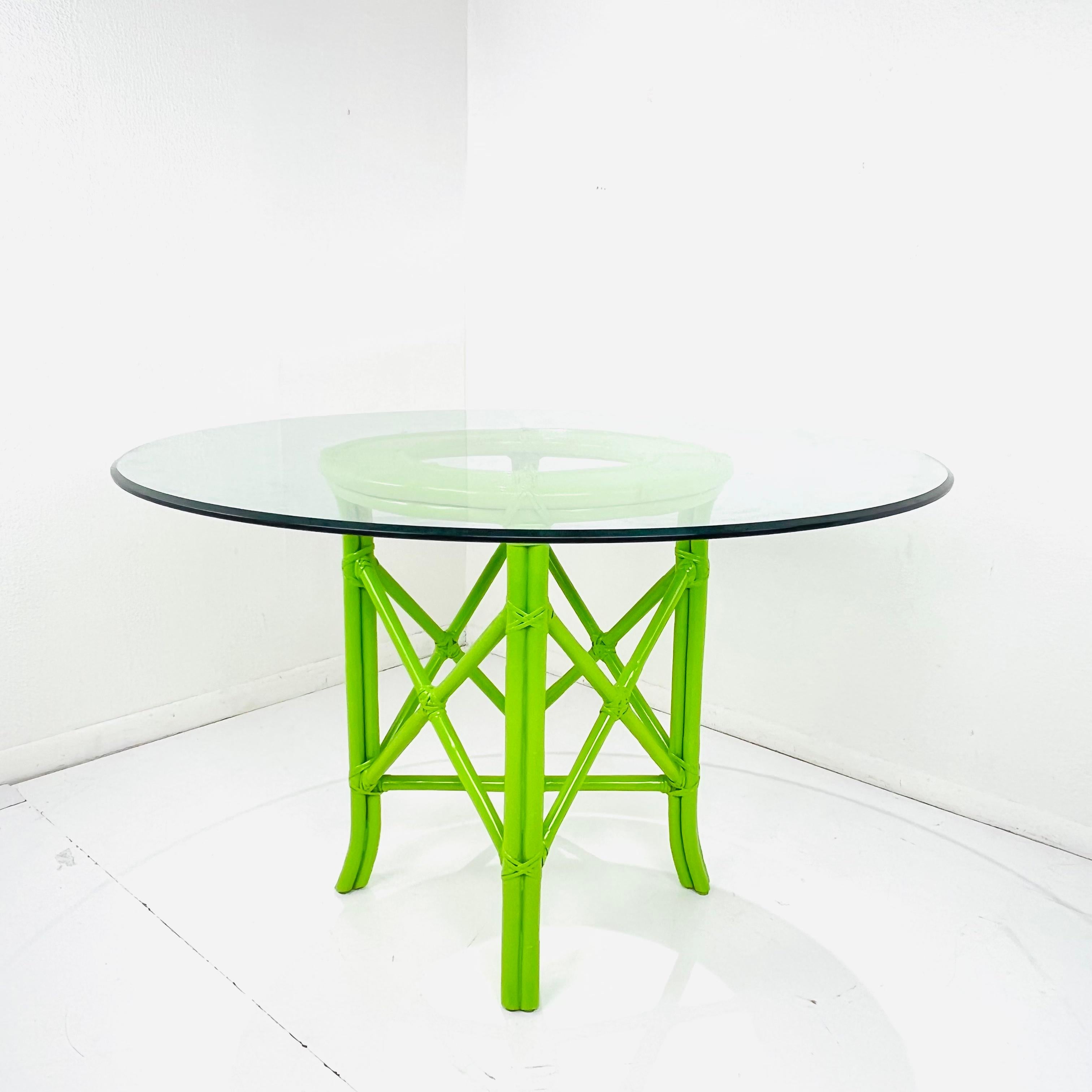 Late 20th Century Lime Green Patio Set with 4 Chinese Chippendale Chairs and Glass Top Table
