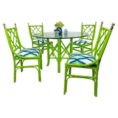 Lime Green Patio Set with 4 Chinese Chippendale Chairs and Glass Top Table