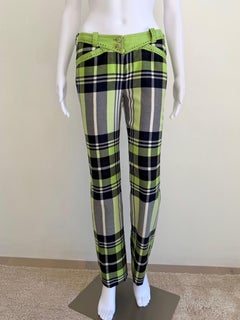Lime Green Plaid Wool Pants with Leather Trim