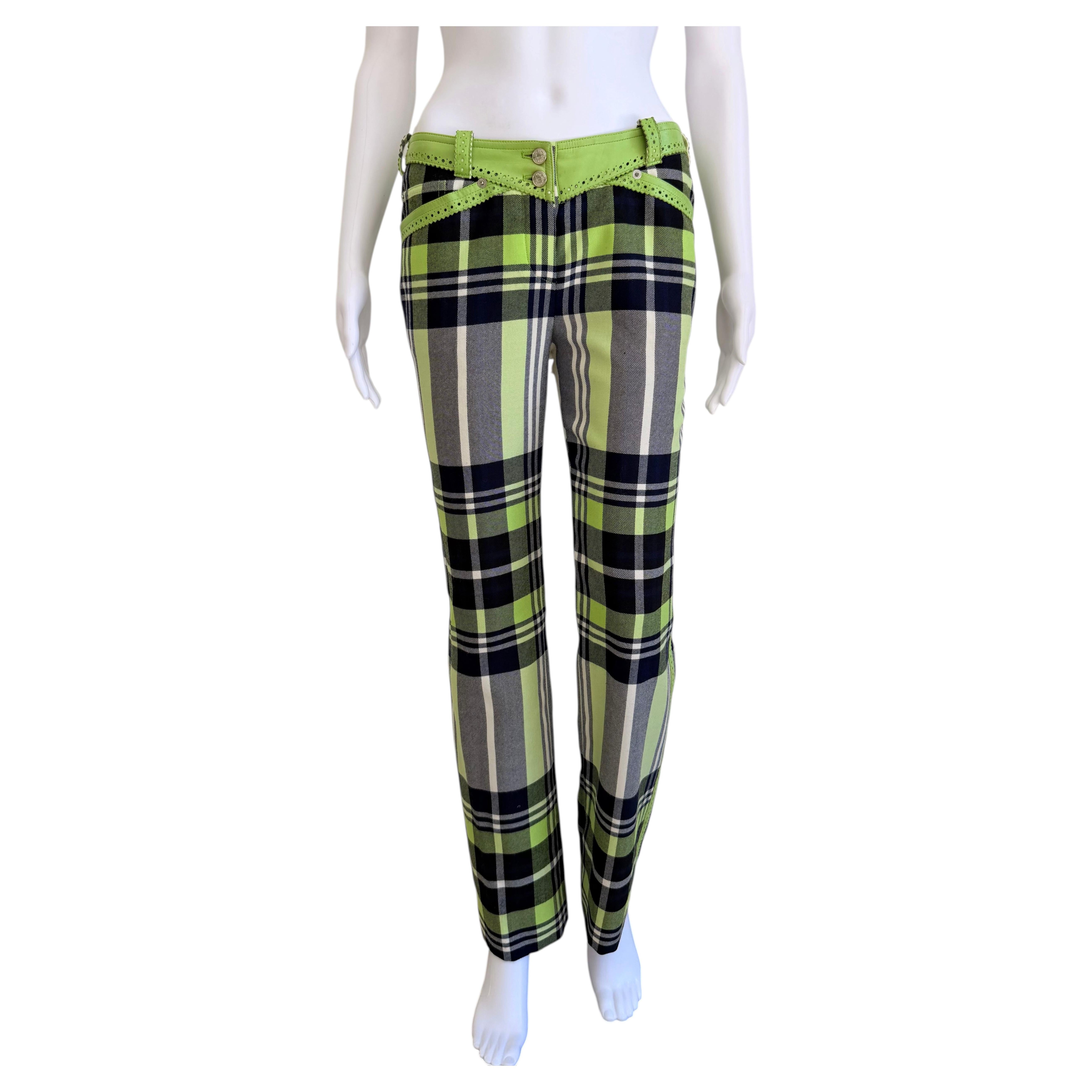 Lime Green Plaid Wool Pants with Leather Trim