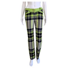 Lime Green Plaid Wool Pants with Leather Trim