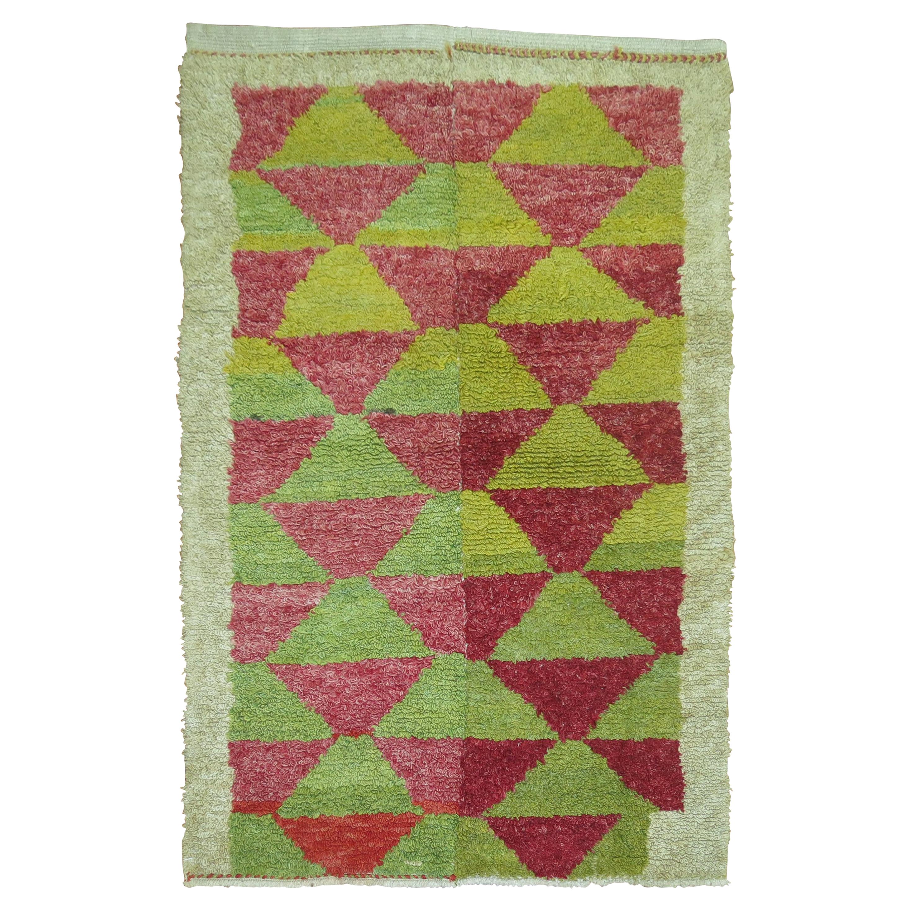 Lime Green Red Accent Vintage Turkish Hand Knotted 20th Century Shag Rug