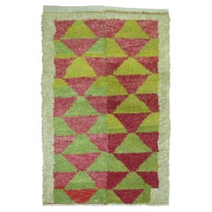 Lime Green Red Accent Used Turkish Hand Knotted 20th Century Shag Rug