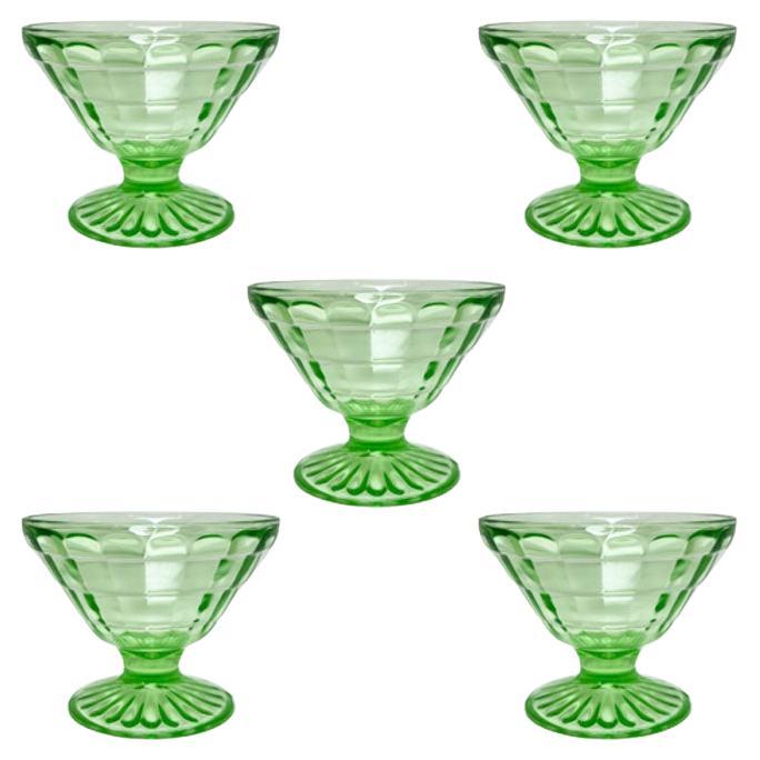 Limonengrünes Vaselineglas oder Depressionsglas Champagner Coupe-Gläser - 5er-Set im Angebot