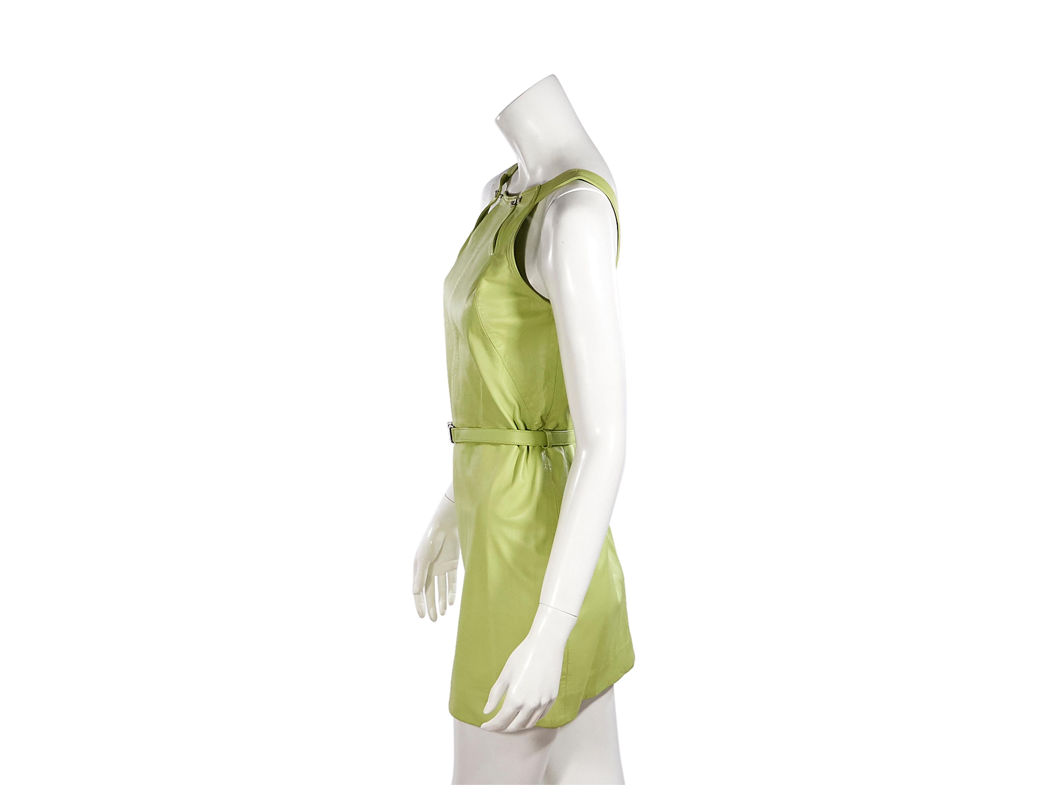 Product details:  Lime green leather sheath dress by Versace Jeans Couture.  Wide roundneck.  Sleeveless.  Belted waist.  Concealed back zip closure.  Silvertone hardware.  Label size IT 40.  34