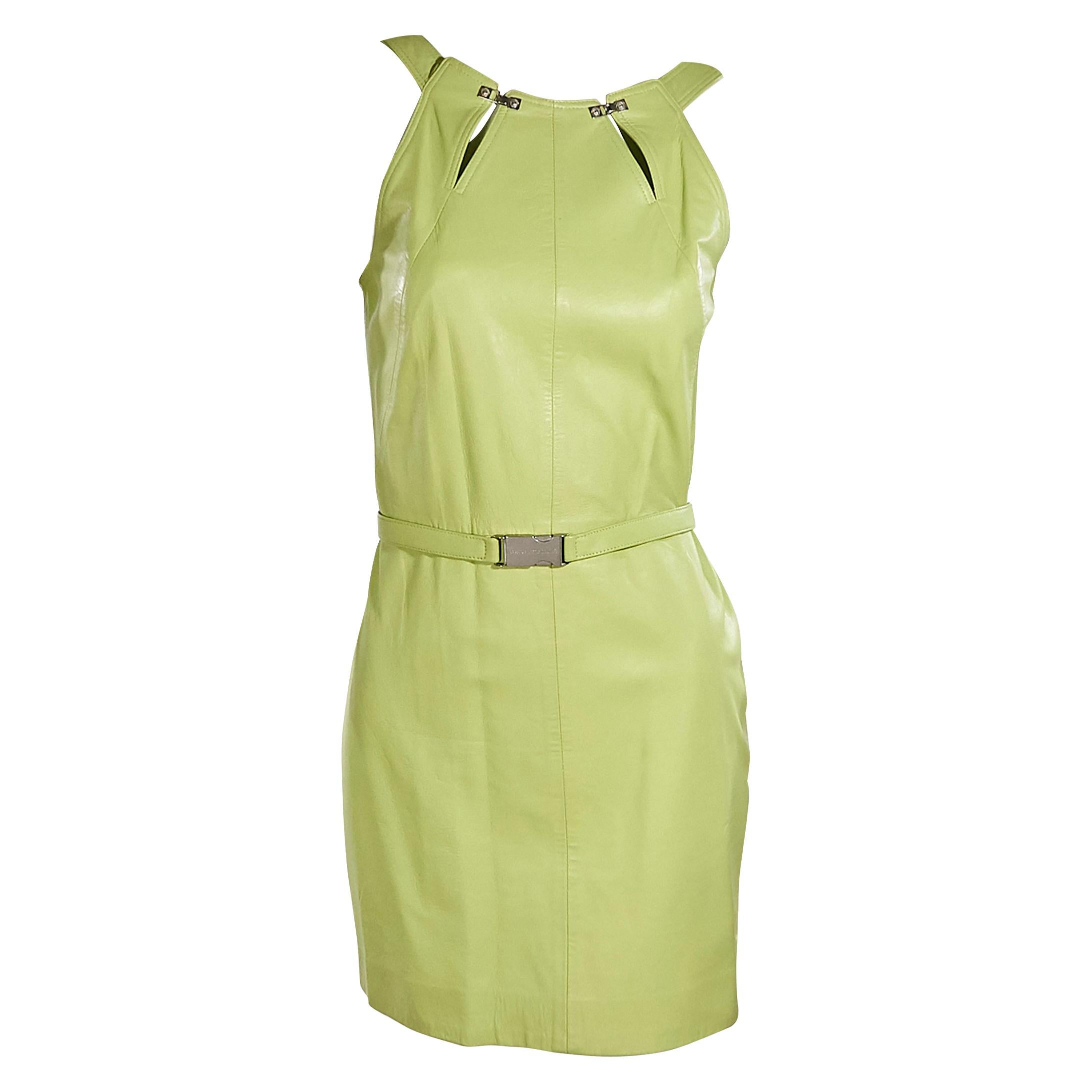 Lime Green Versace Jeans Couture Leather Sheath Dress