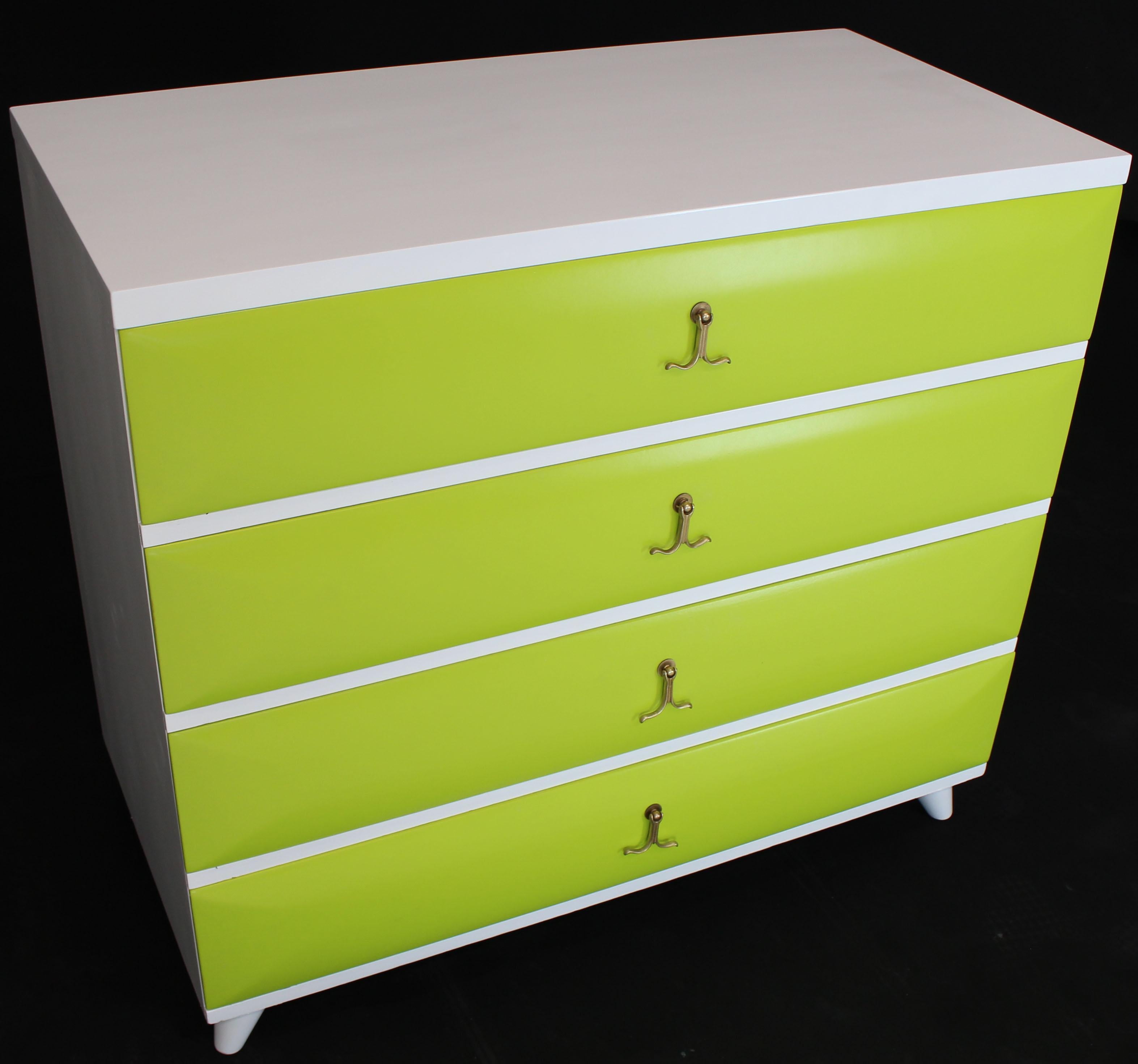 Lime Green White Lacquer Two-Tone Bachelor Chest Dresser Solid Mahogany Brass 2