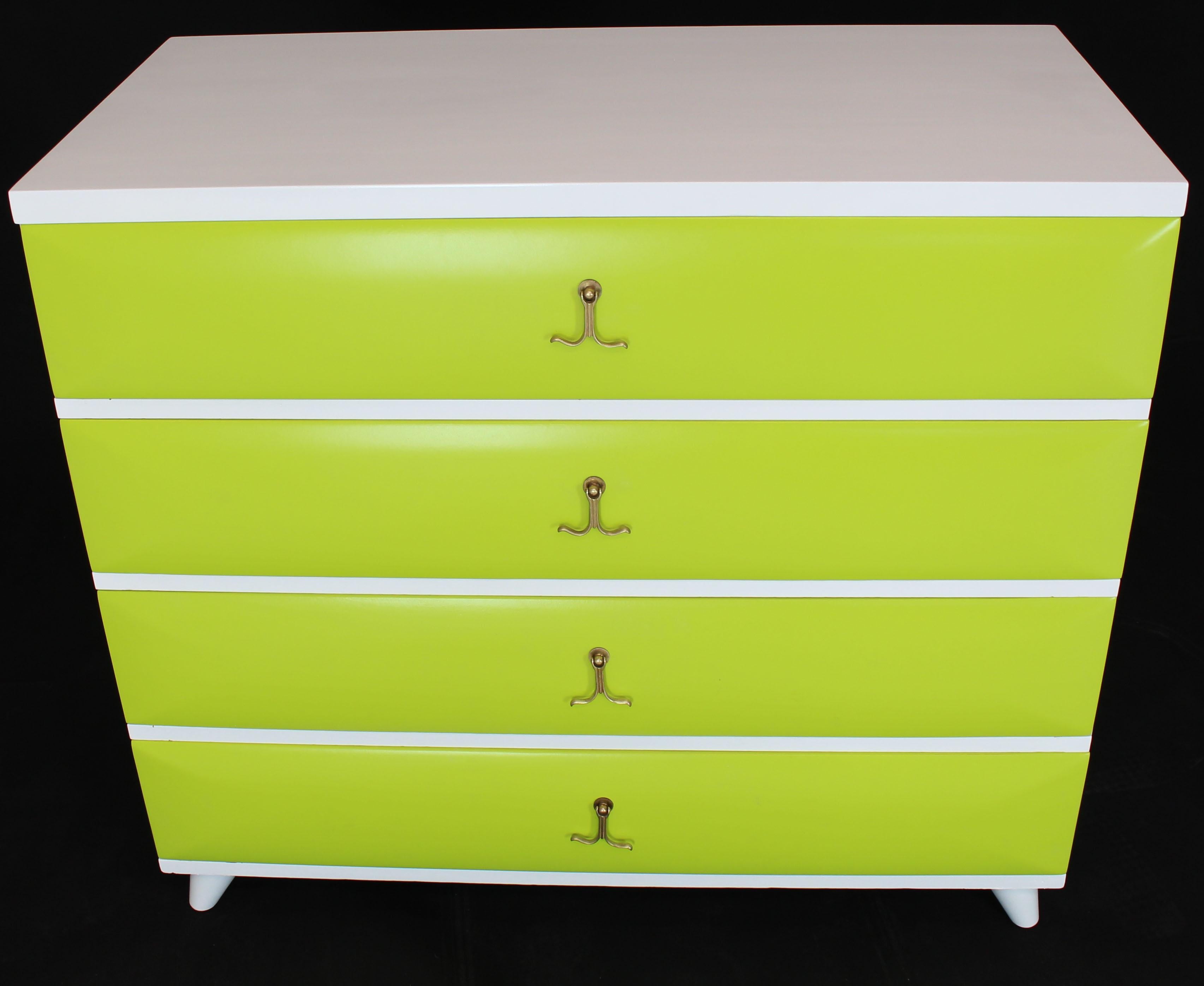 Lime Green White Lacquer Two-Tone Bachelor Chest Dresser Solid Mahogany Brass 6