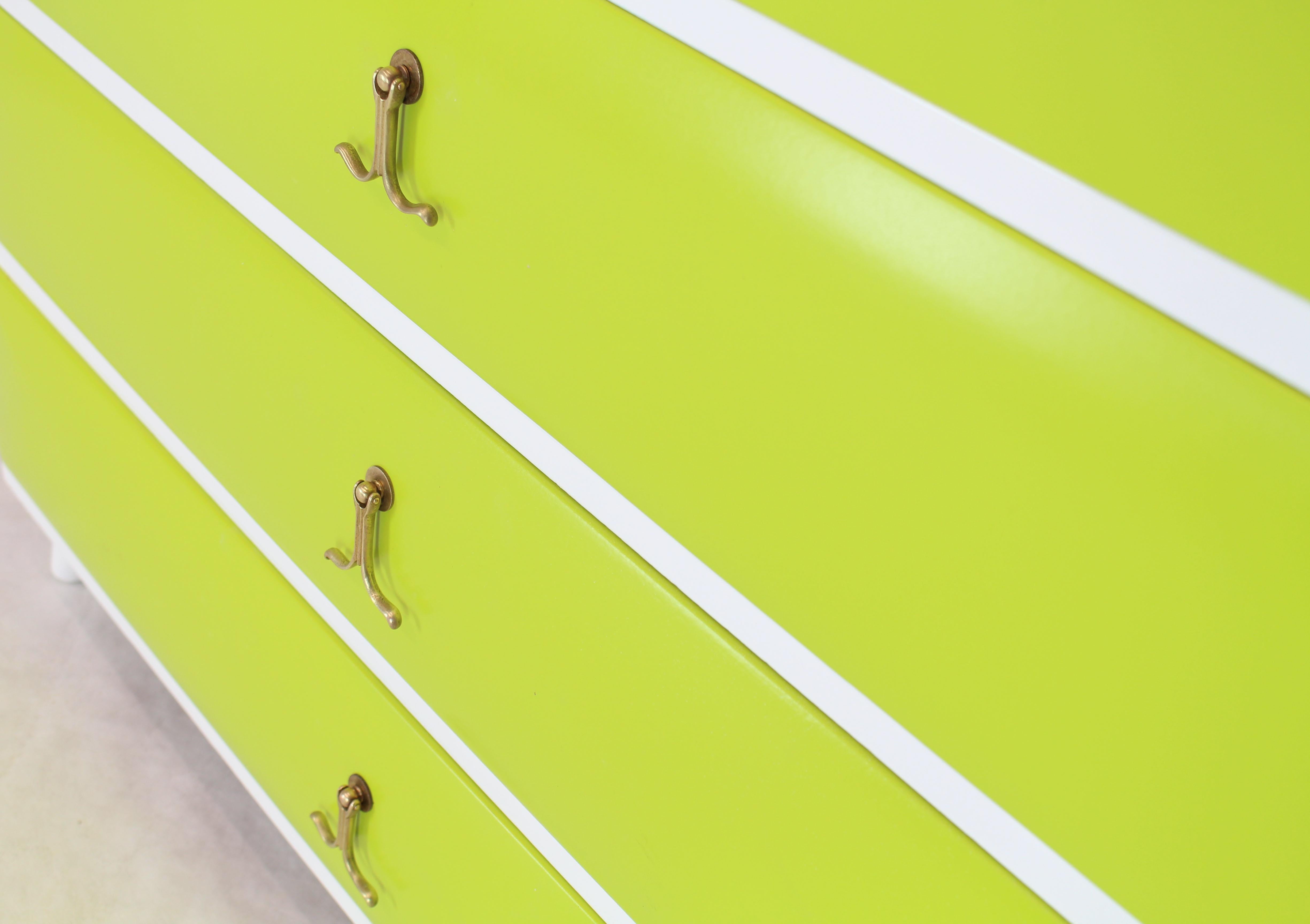 Mid-Century Modern Lime Green White Lacquer Two-Tone Bachelor Chest Dresser Solid Mahogany Brass