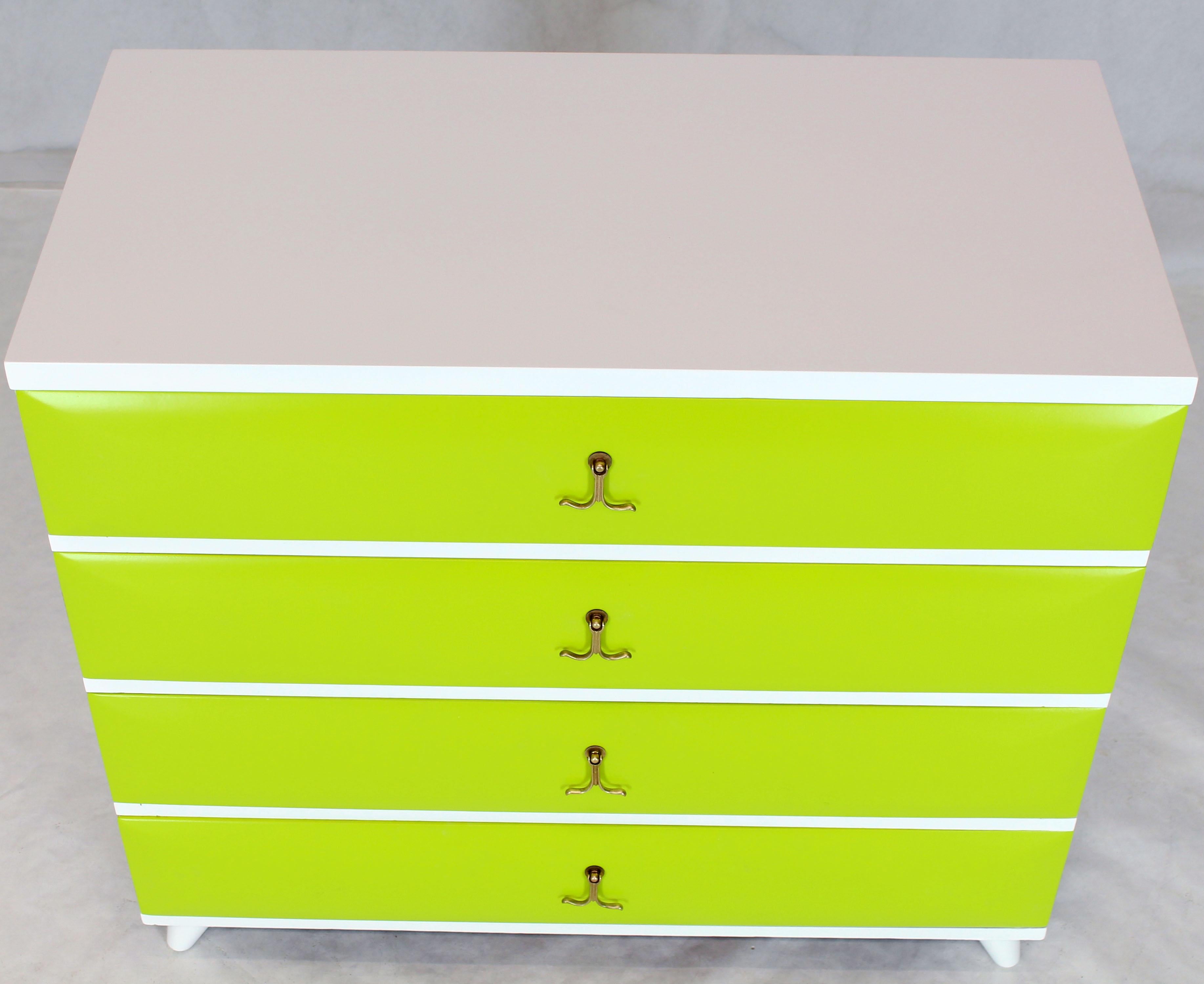 Painted Lime Green White Lacquer Two-Tone Bachelor Chest Dresser Solid Mahogany Brass