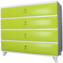 Lime Green White Lacquer Two-Tone Bachelor Chest Dresser Solid Mahogany Brass