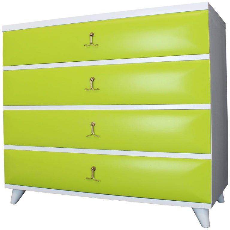 Lime Green White Lacquer Two Tone Bachelor Chest Dresser Solid