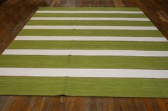 Lime Green-White Stripe Contemporary American Hooked Rug 8'x10' Cotton Carpet