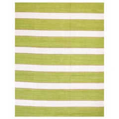 Lime Green-White Stripe Contemporary American Hooked Rug 8
x10
 Cotton Carpet