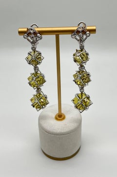 Lime Lemon Yellow Quartz 18 Karat White Gold Statement Diamond Drop Earrings