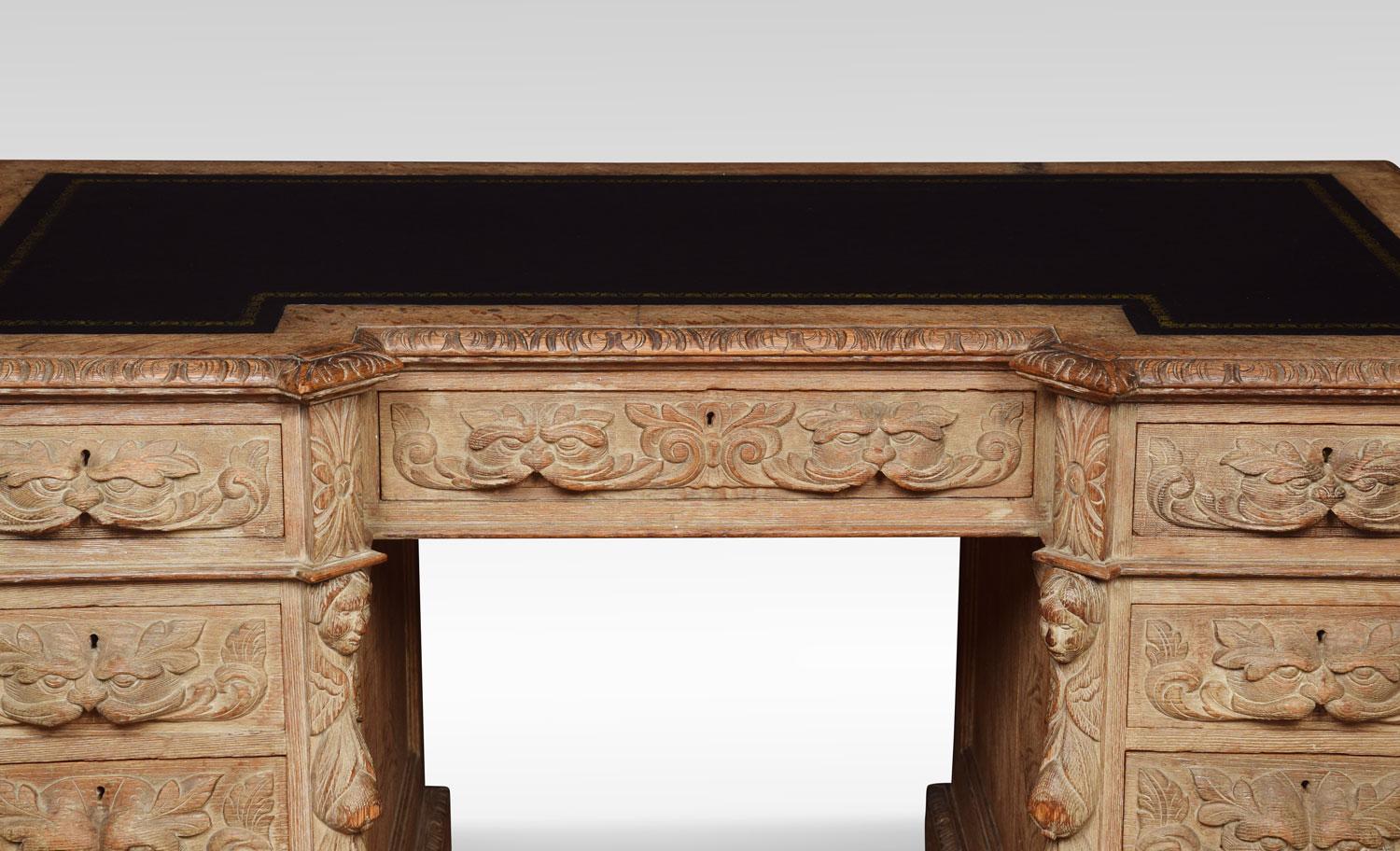British Limed Oak Carved Pedestal Desk