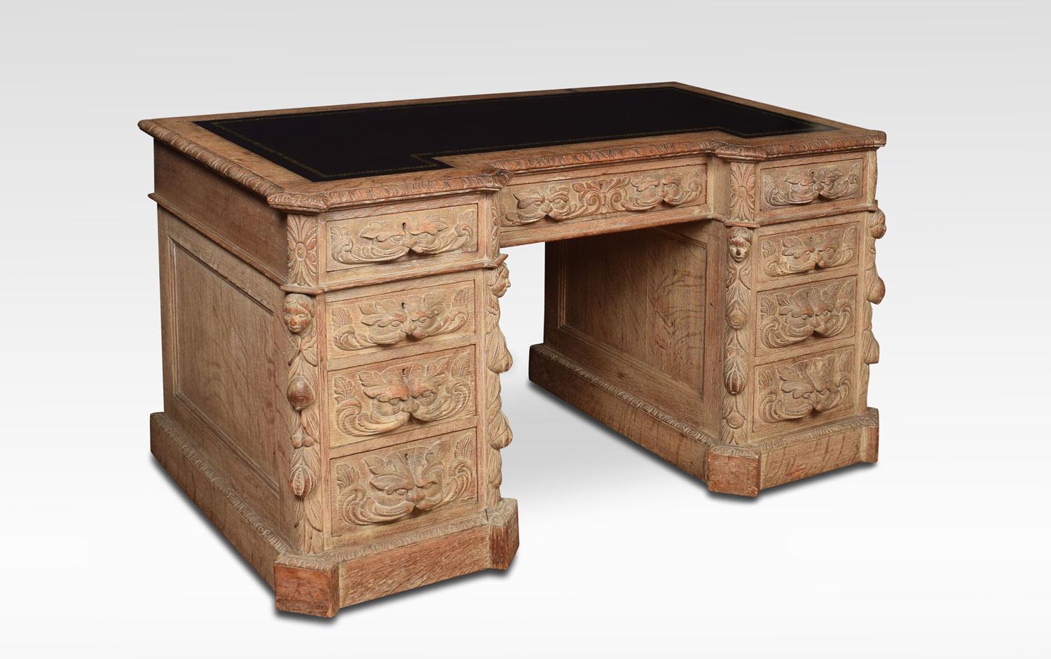Limed Oak Carved Pedestal Desk In Good Condition For Sale In Cheshire, GB