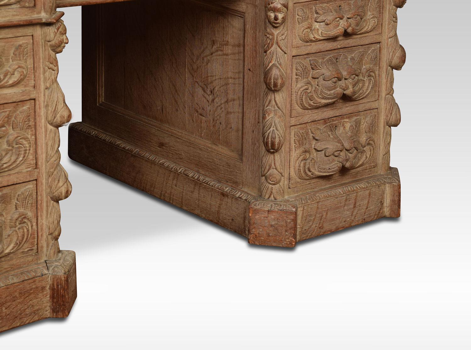 19th Century Limed Oak Carved Pedestal Desk