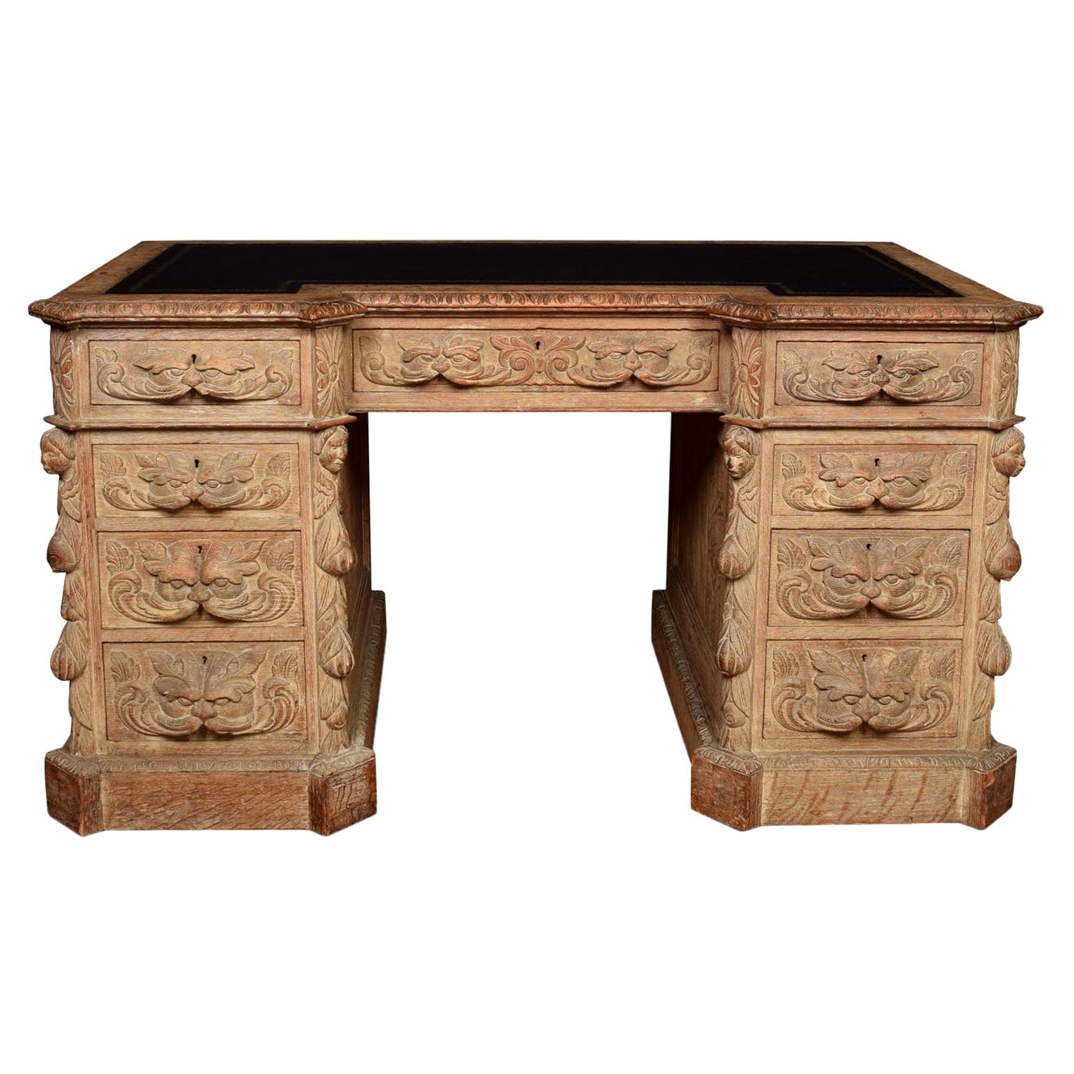 Limed Oak Carved Pedestal Desk