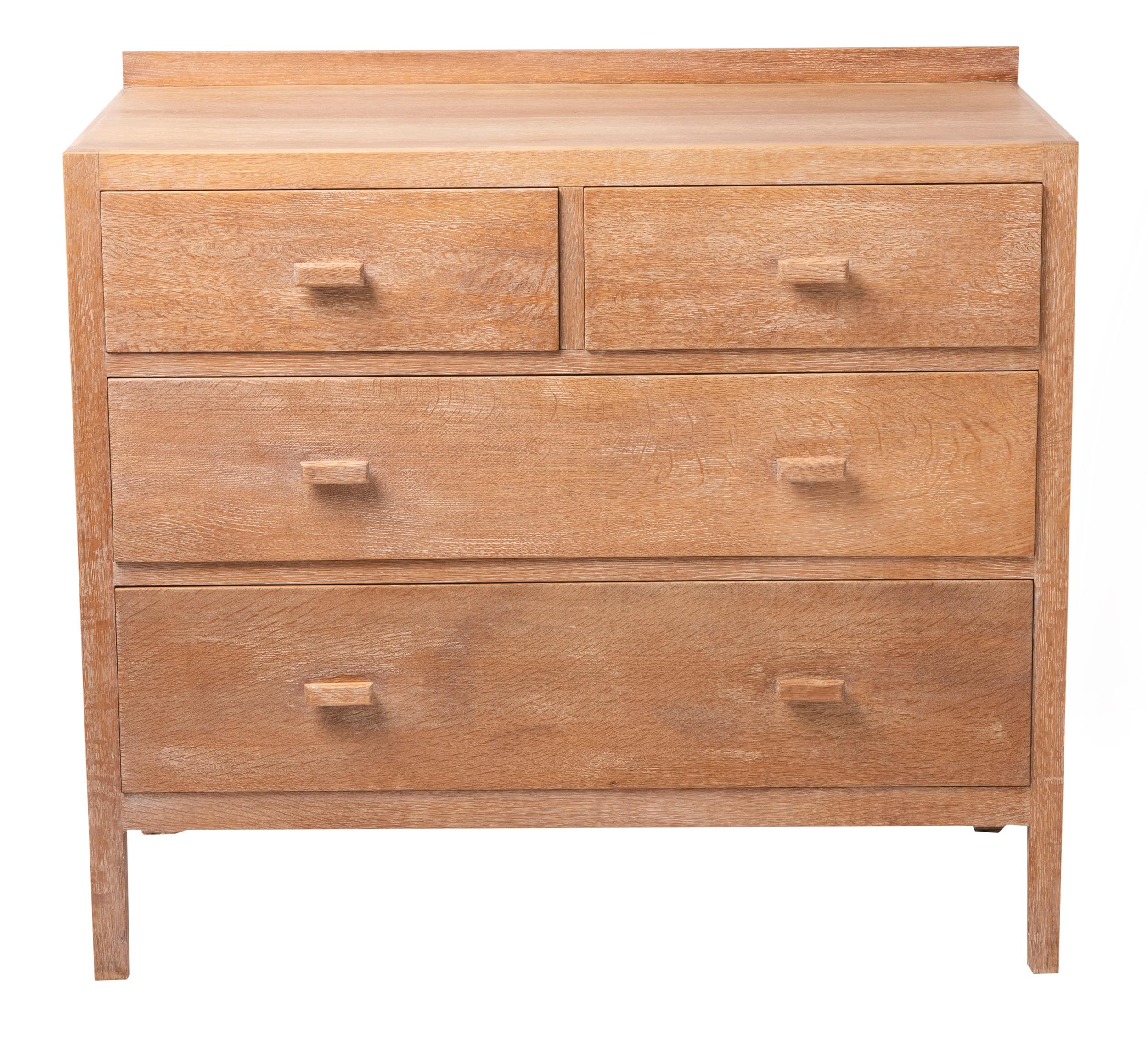 Limed oak chest of drawers by Heals.
Block limed handles.
Worn plaque to inside 1st drawer.
England, circa 1930
Measures: 92 cm wide x 48 cm deep x 83 cm high.
   
