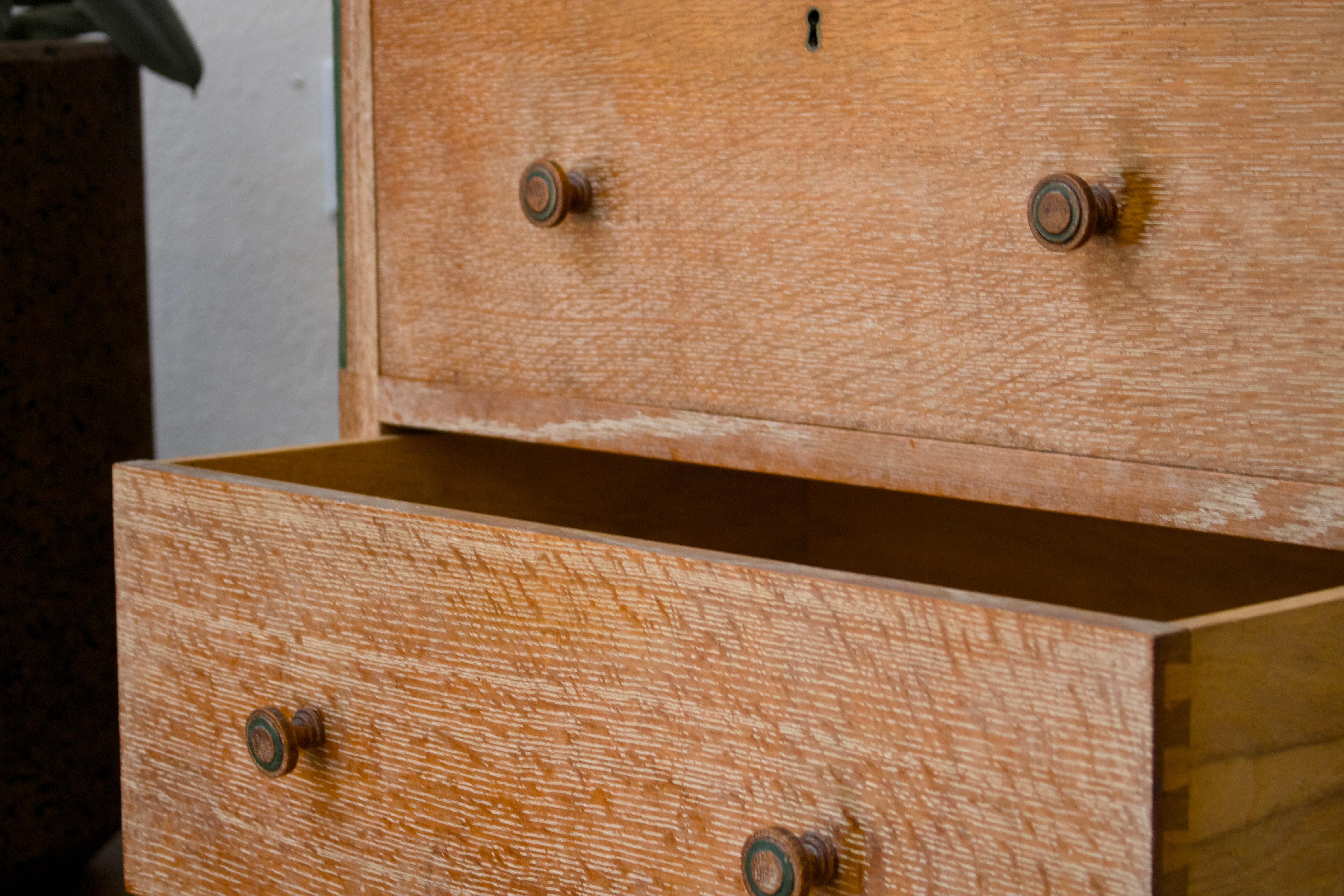 Limed oak chest with drawers, mirror by Heals of London In Good Condition For Sale In San Francisco, US