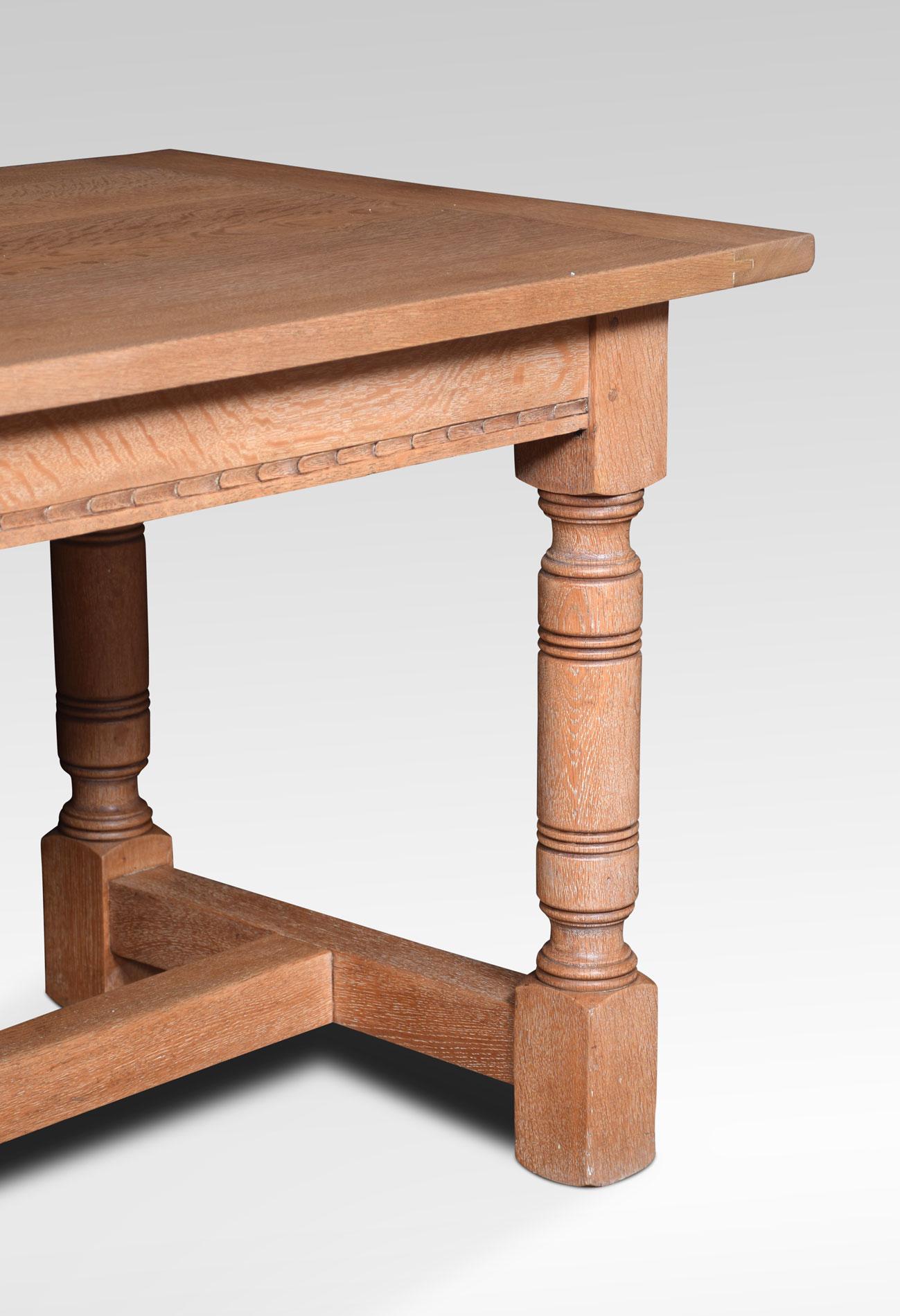 Limed oak refectory table. The large rectangular plank top, raised on four turned supports united by H stretcher.
Dimensions
Height 30 inches
Width 72 inches
Depth 29.5 inches.