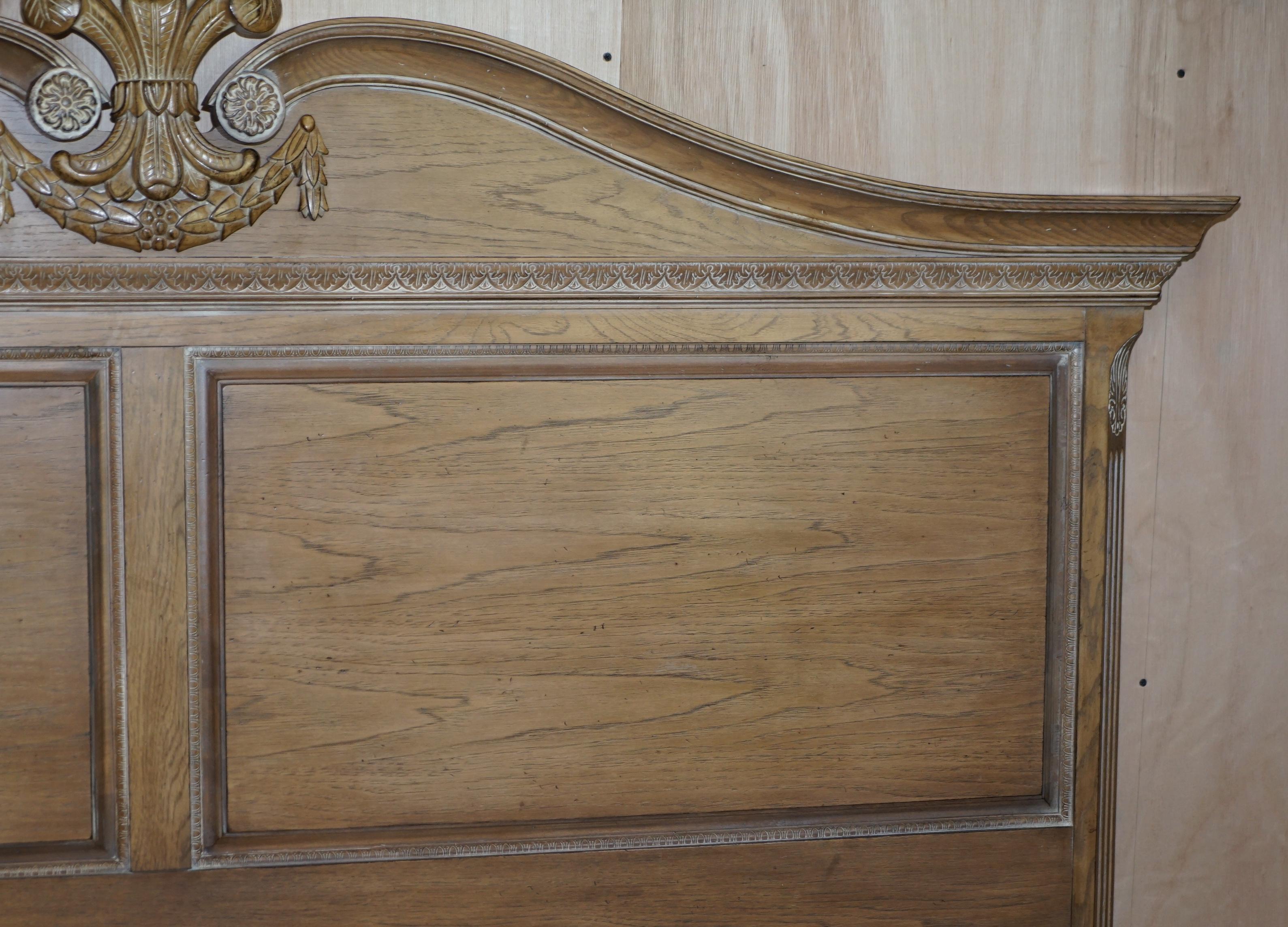 English Limed Oak Super King Size Headboard with Prince Charles Flur De Lis Feathers For Sale