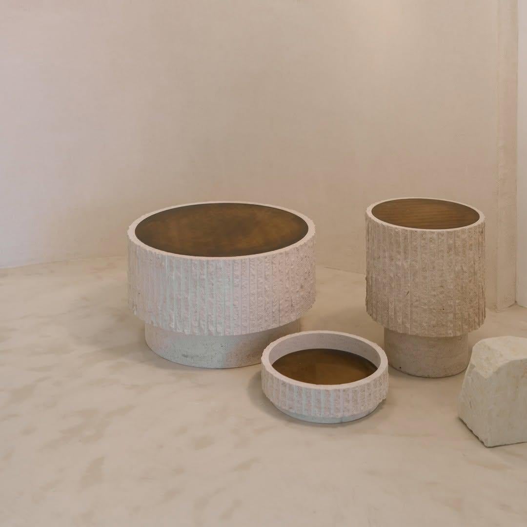 Limestone and Brass Sculpted Coffee Table by Frederic Saulou 6