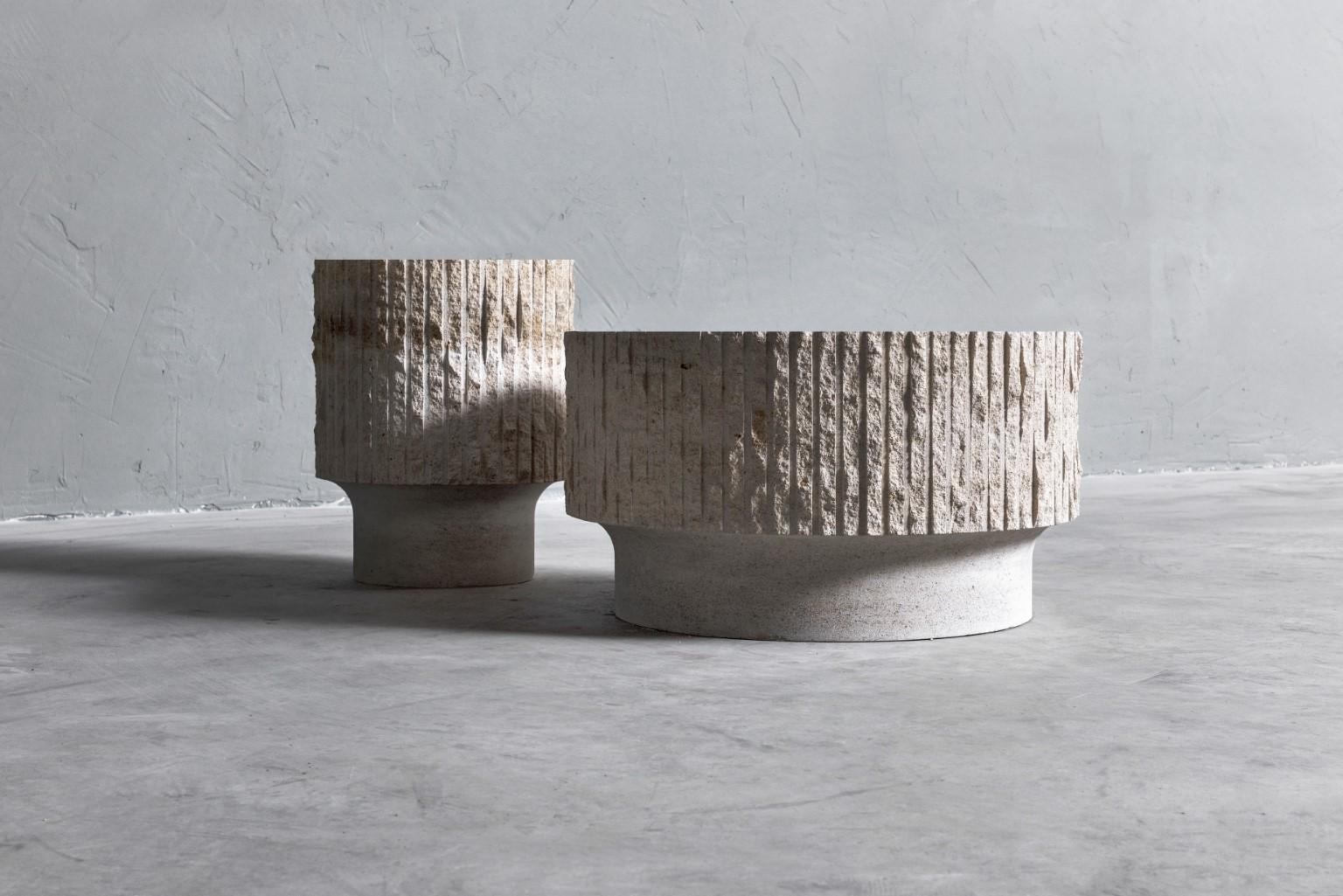 Limestone and brass sculpted coffee table by Frederic Saulou
Small coffee table
Materials: Buffon Limestone, patinated brass
Measures: H 44, D 35 cm, approximately 70 kg
Limited edition of 12
Title: Ambigue
Signed and numbered.

