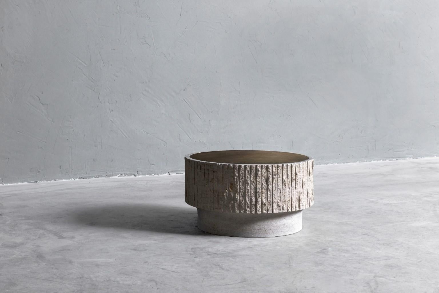 Modern Limestone and Brass Sculpted Coffee Table by Frederic Saulou