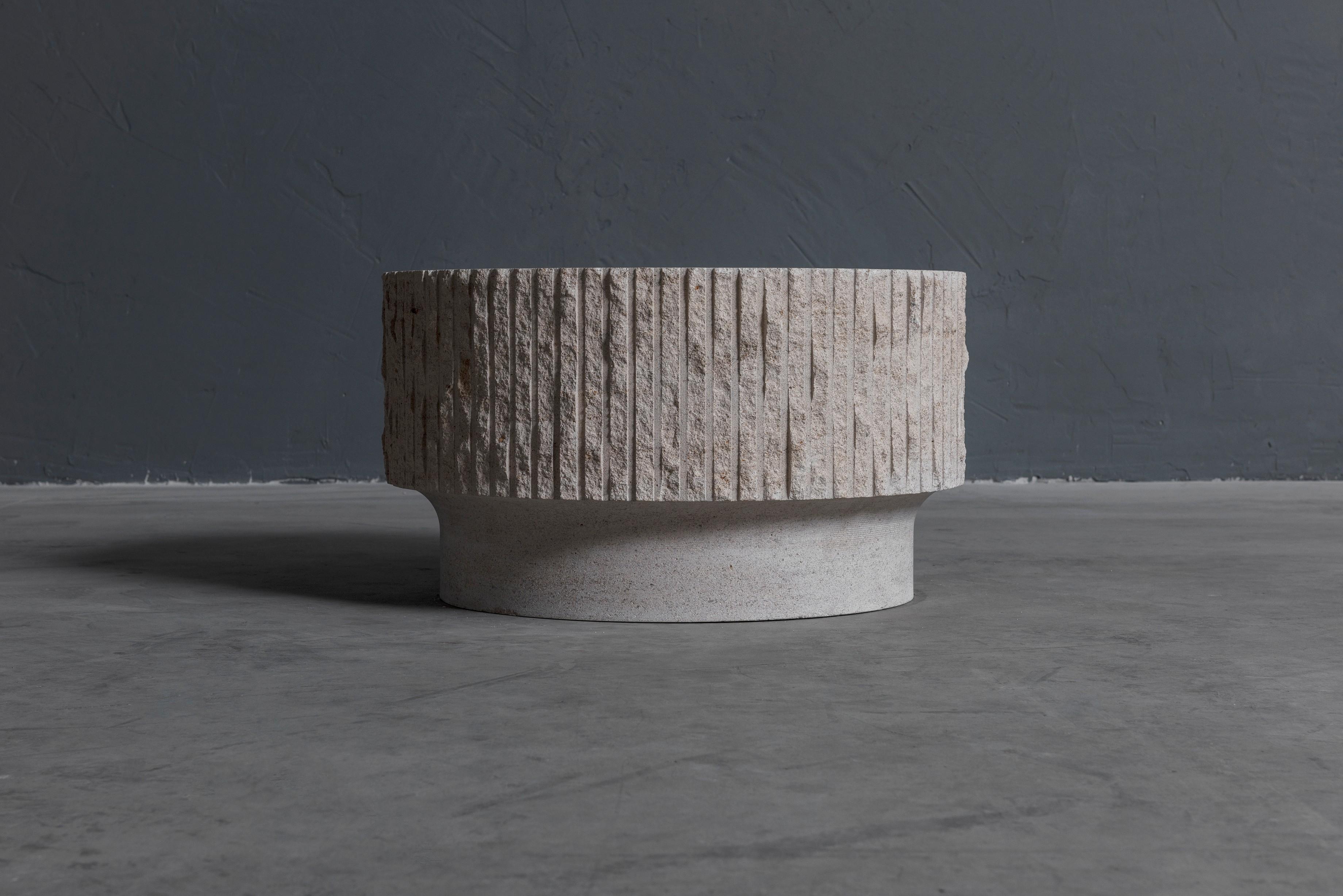 Modern Limestone and Brass Sculpted Coffee Table by Frederic Saulou