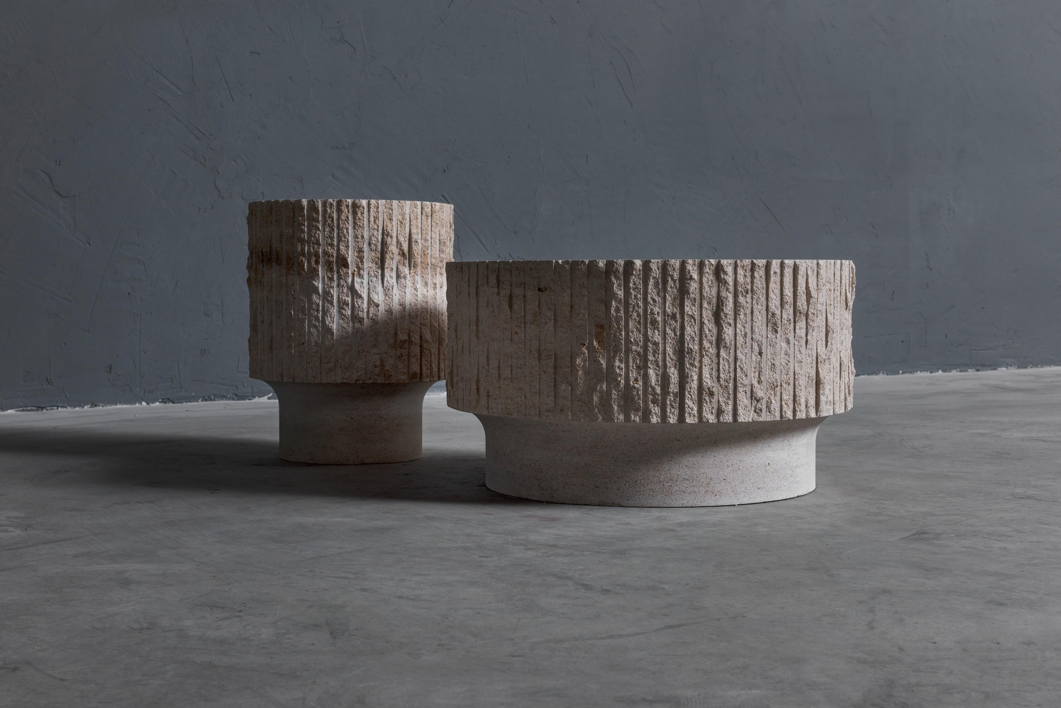 Limestone and Brass Sculpted Coffee Table by Frederic Saulou 1