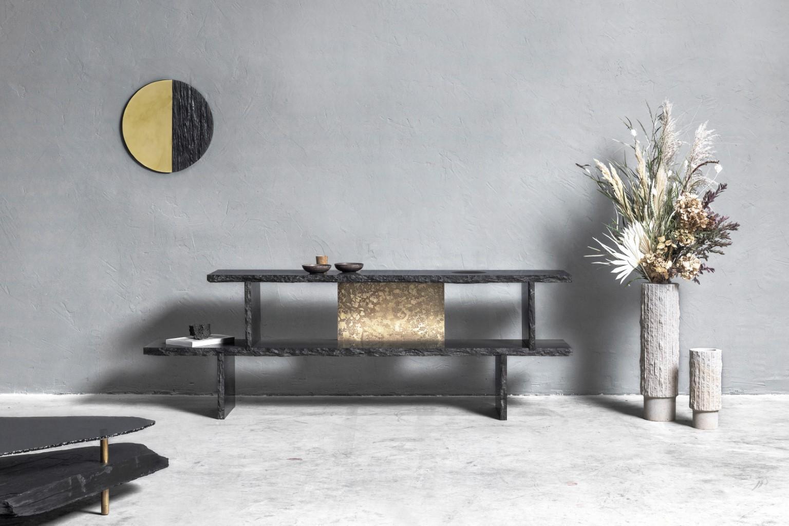 Limestone and Brass Sculpted Coffee Table by Frederic Saulou In New Condition In Geneve, CH