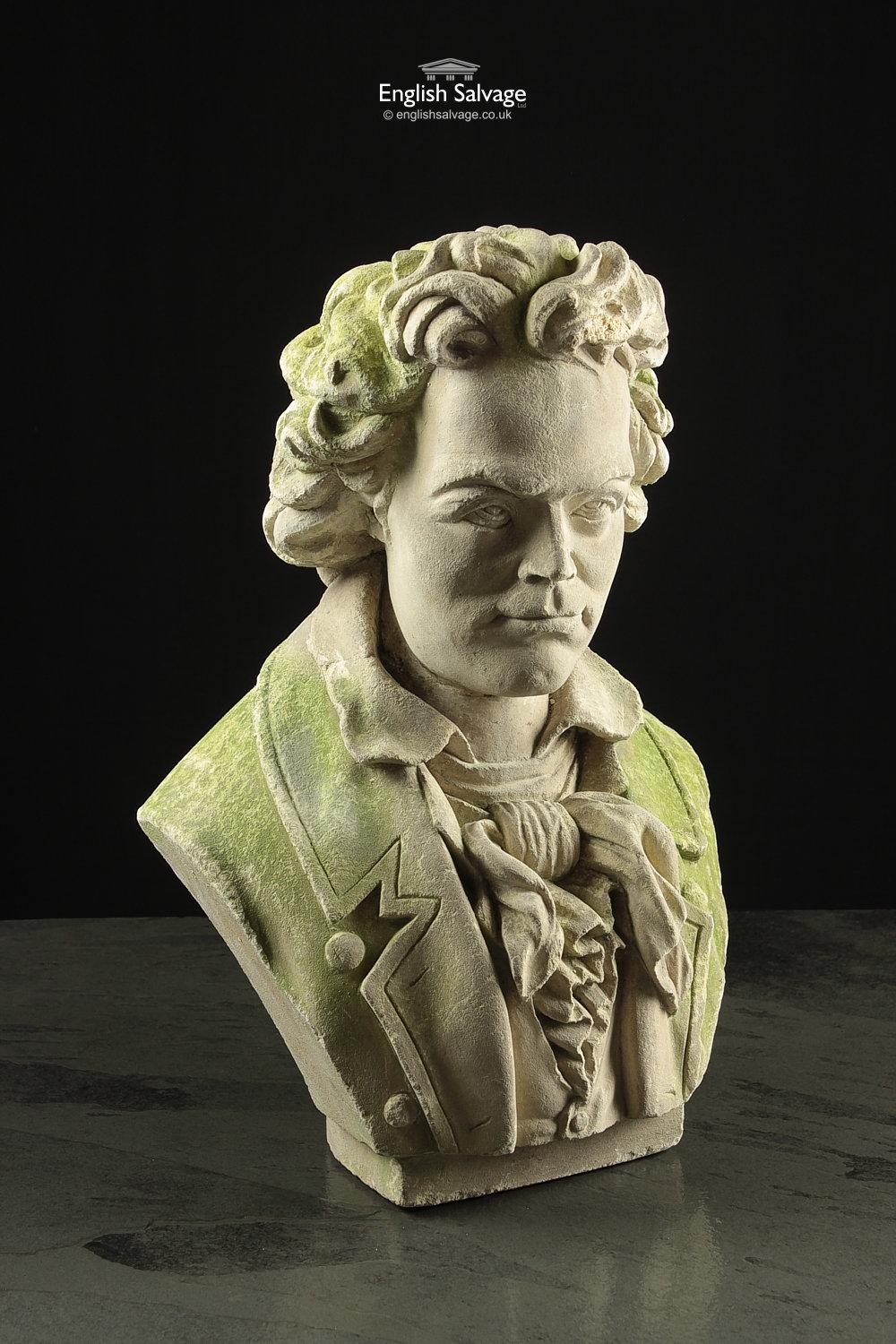 Reclaimed beautifully carved limestone bust of a classical male figure, possibly the German composer 