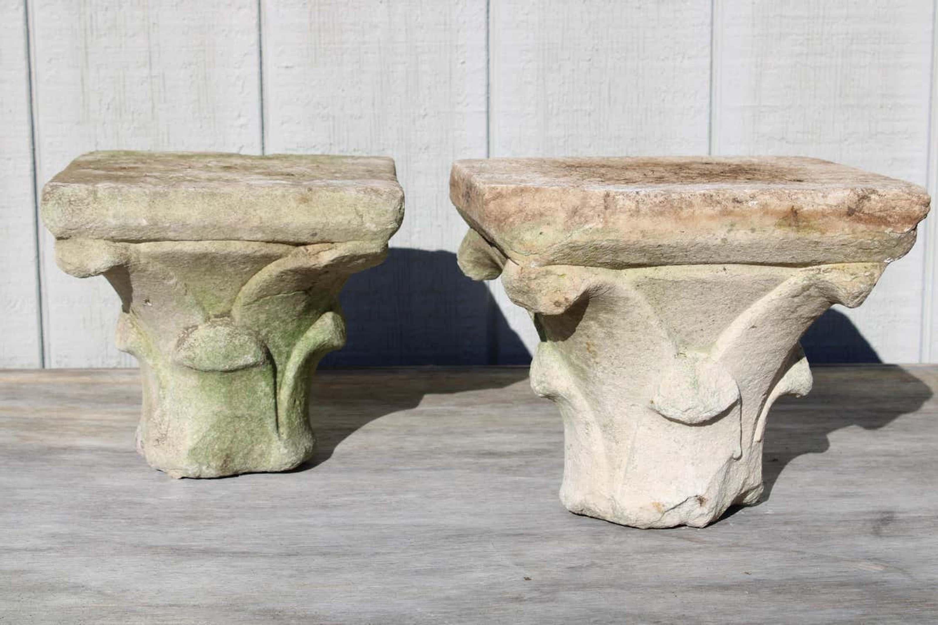 Pair of carved limestone capitals, medieval in character, featuring beautifully worn Roman-style acanthus. These would be beautiful on a bookshelf, or tabletop.