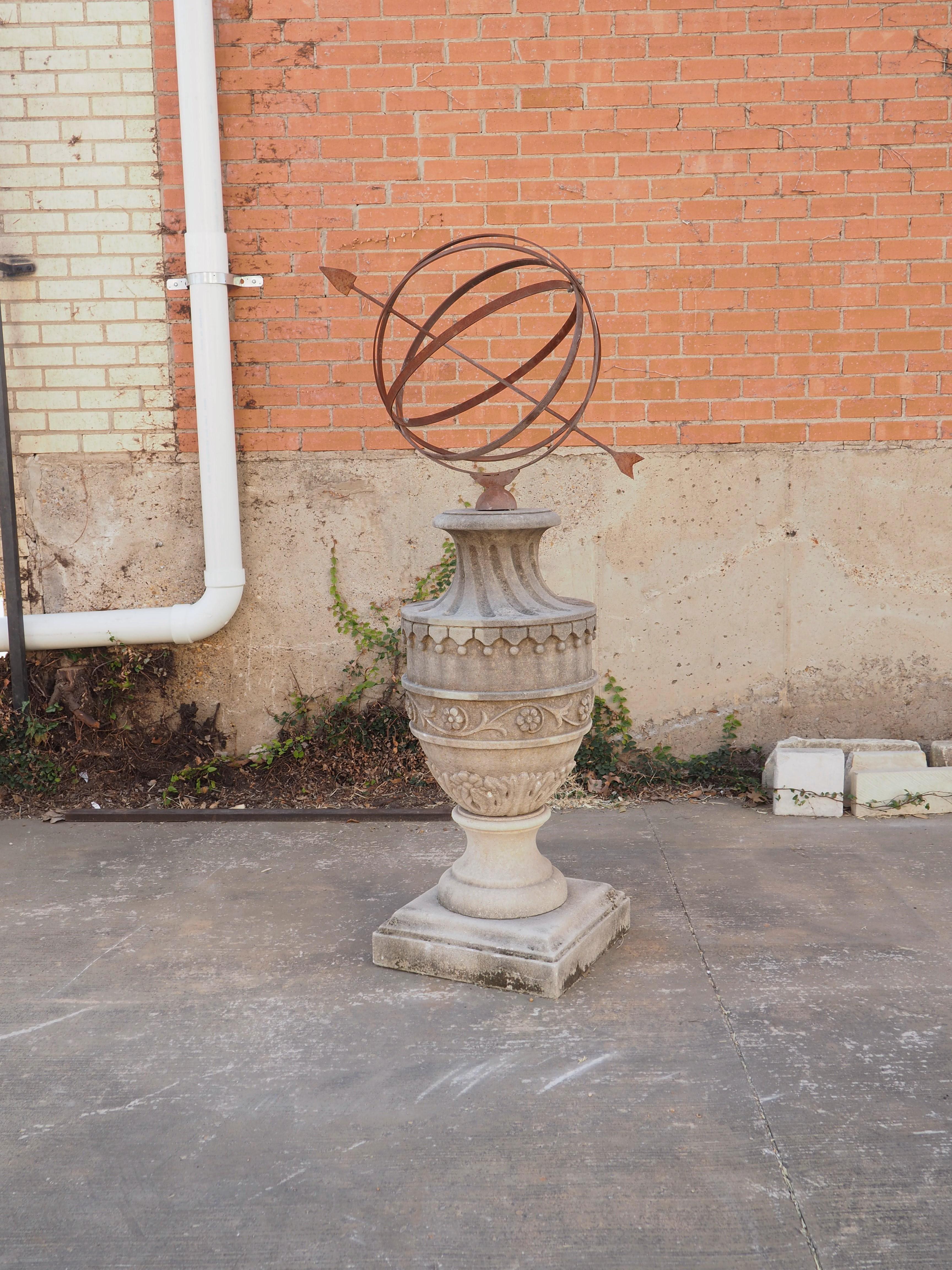 Italian Limestone Garden Armillary Sundial with Carved Tassels and Floral/Foliate Motifs