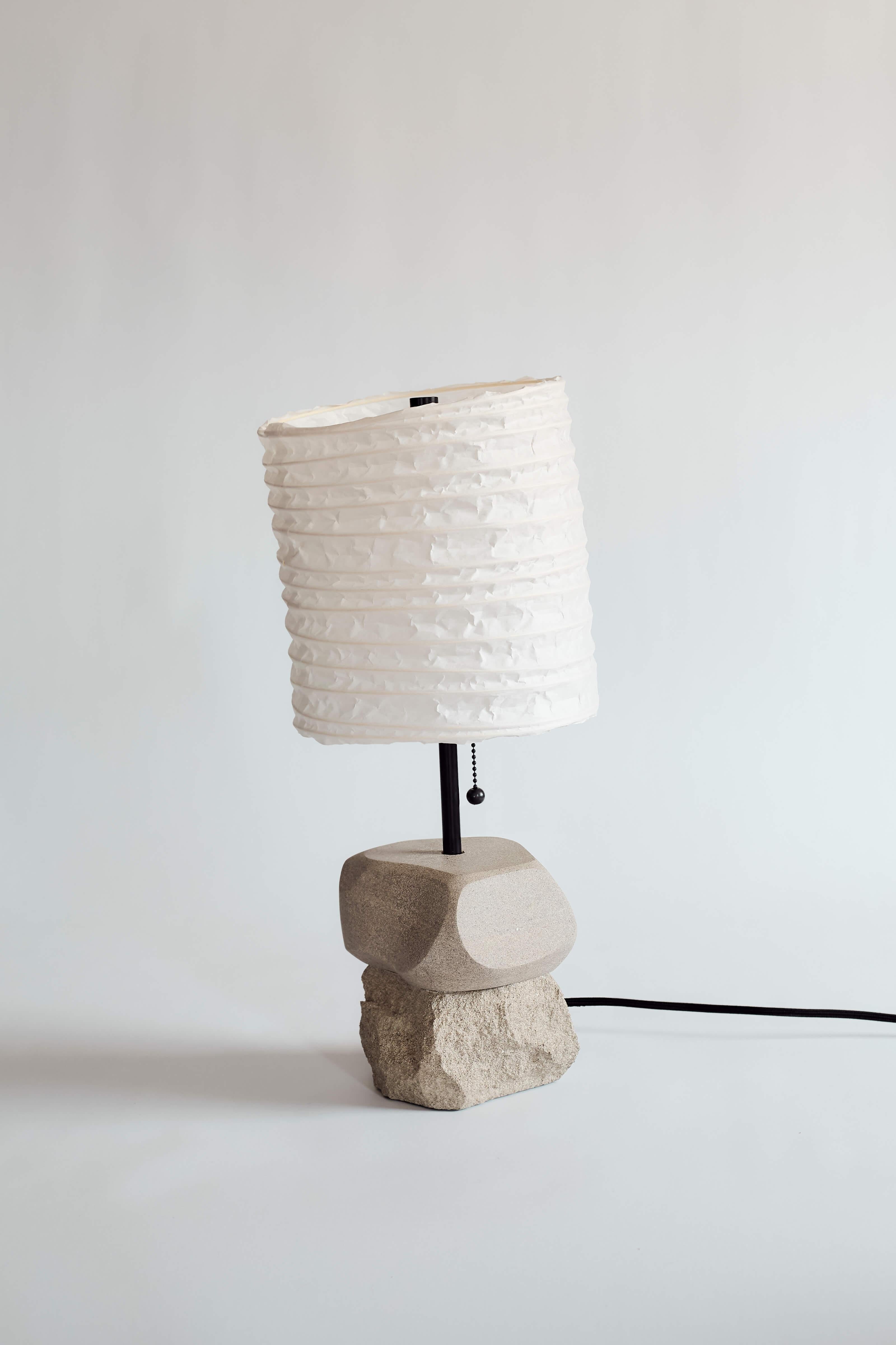 Modern Limestone Lamp 003 – Hand-carved Stone Lamp w/ Washi Paper Shade For Sale