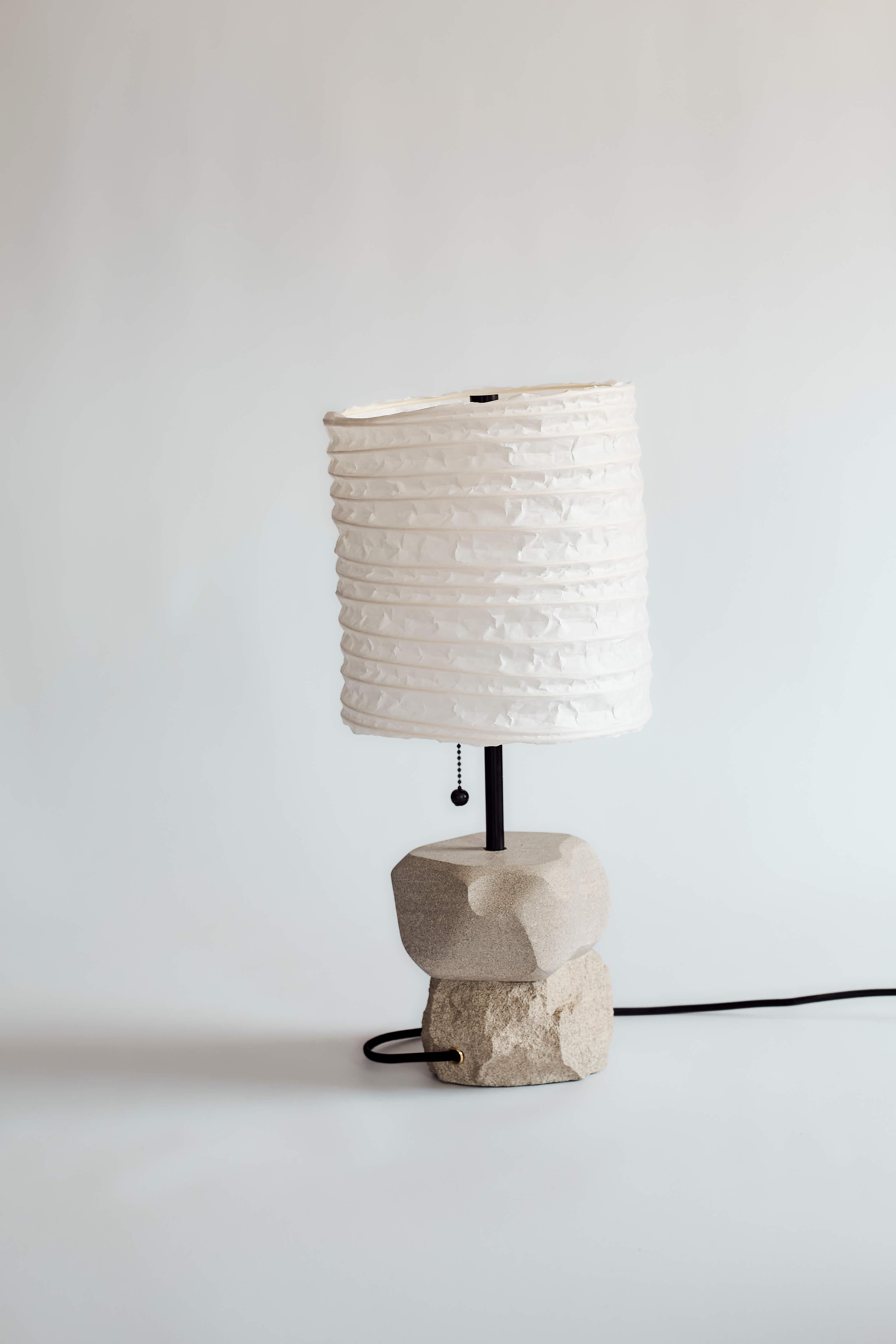 American Limestone Lamp 003 – Hand-carved Stone Lamp w/ Washi Paper Shade For Sale
