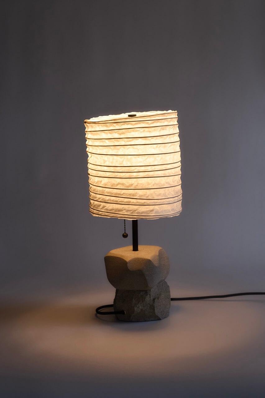 Carved Limestone Lamp 003 – Hand-carved Stone Lamp w/ Washi Paper Shade For Sale