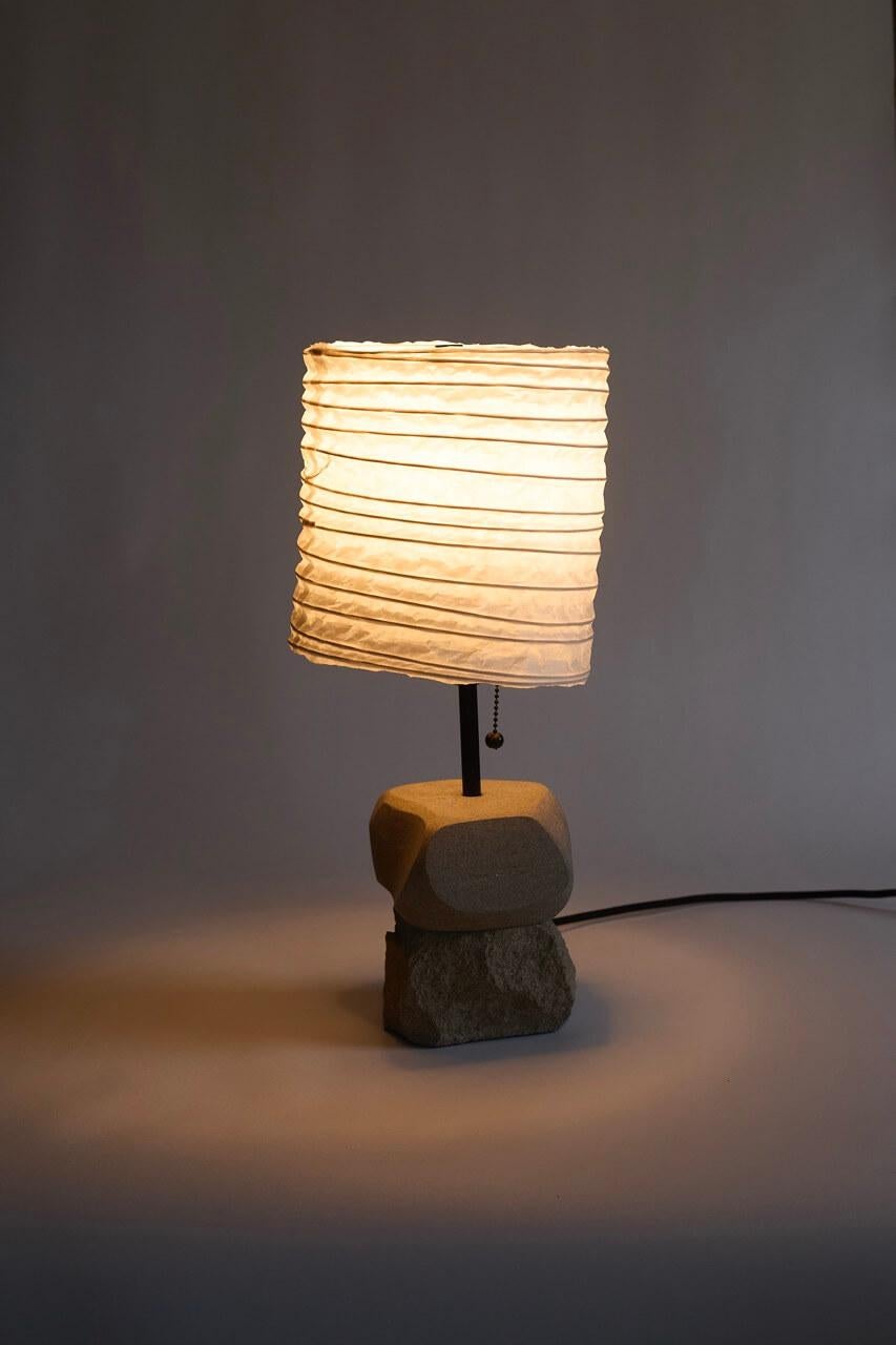 Limestone Lamp 003 – Hand-carved Stone Lamp w/ Washi Paper Shade In New Condition For Sale In Philadelphia, PA