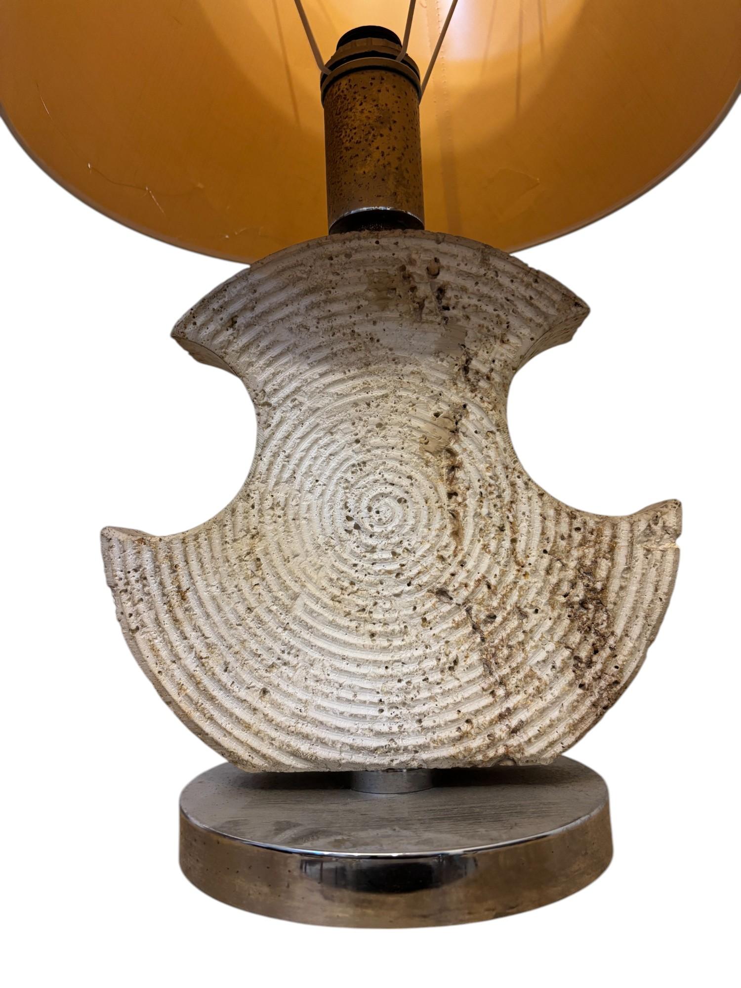 Limestone lamp with seashell decoration, 
chrome-plated metal base,
 circa 1970, France
Height with shade: 70 cm
Diameter: 21 cm