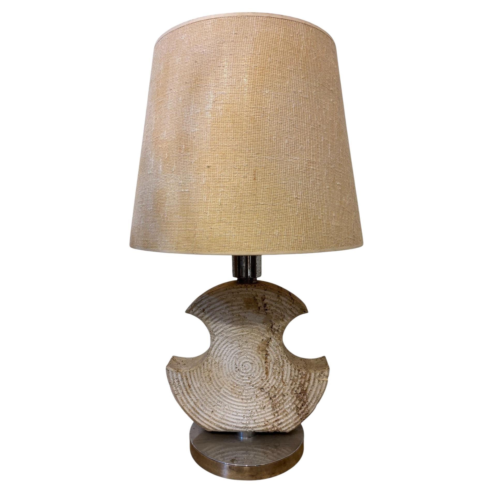 Limestone lamp with seashell decoration, chrome-plated metal base, circa 1970 For Sale
