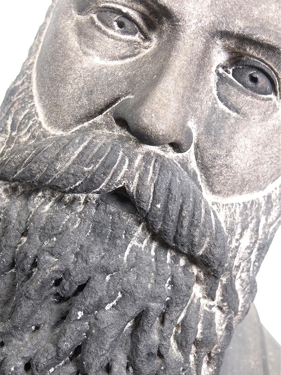 We Love the look of these all to serious stone portraits. Just look at the carving in that beard. This one is in beautiful condition and has a nice weathered patina. Its one of a kind and hand carved.