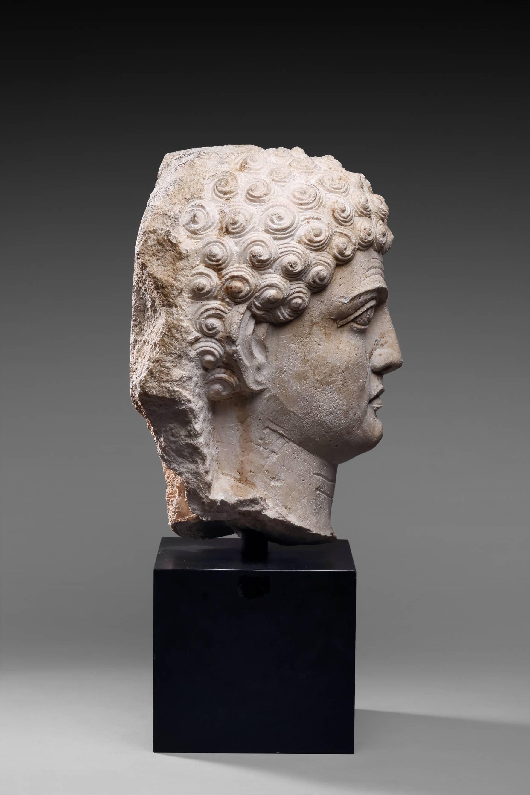 The man has strong features underlined by expression lines on the forehead and the incision of the pupils. The broad nose surmounts a small lipped mouth.
His hair consists of a series of small curls in spirals. 

Palmyra, 2nd-3rd century
