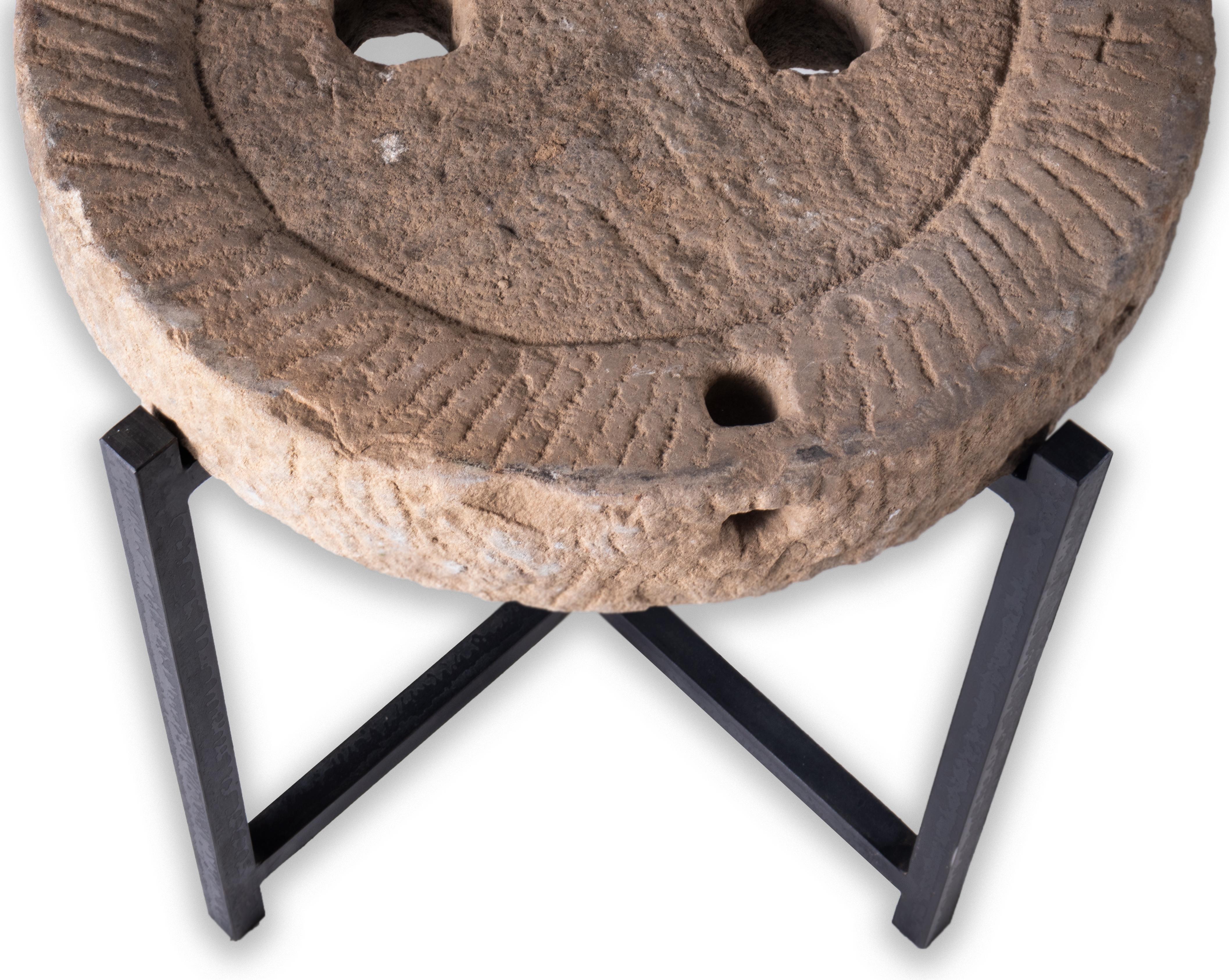 Rustic Limestone Mill Wheel on Stand For Sale